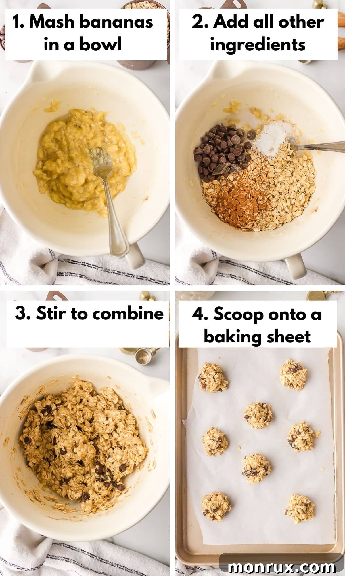 A visual collage illustrating the four key steps to preparing banana oat cookies, from mashing bananas to mixing and baking.