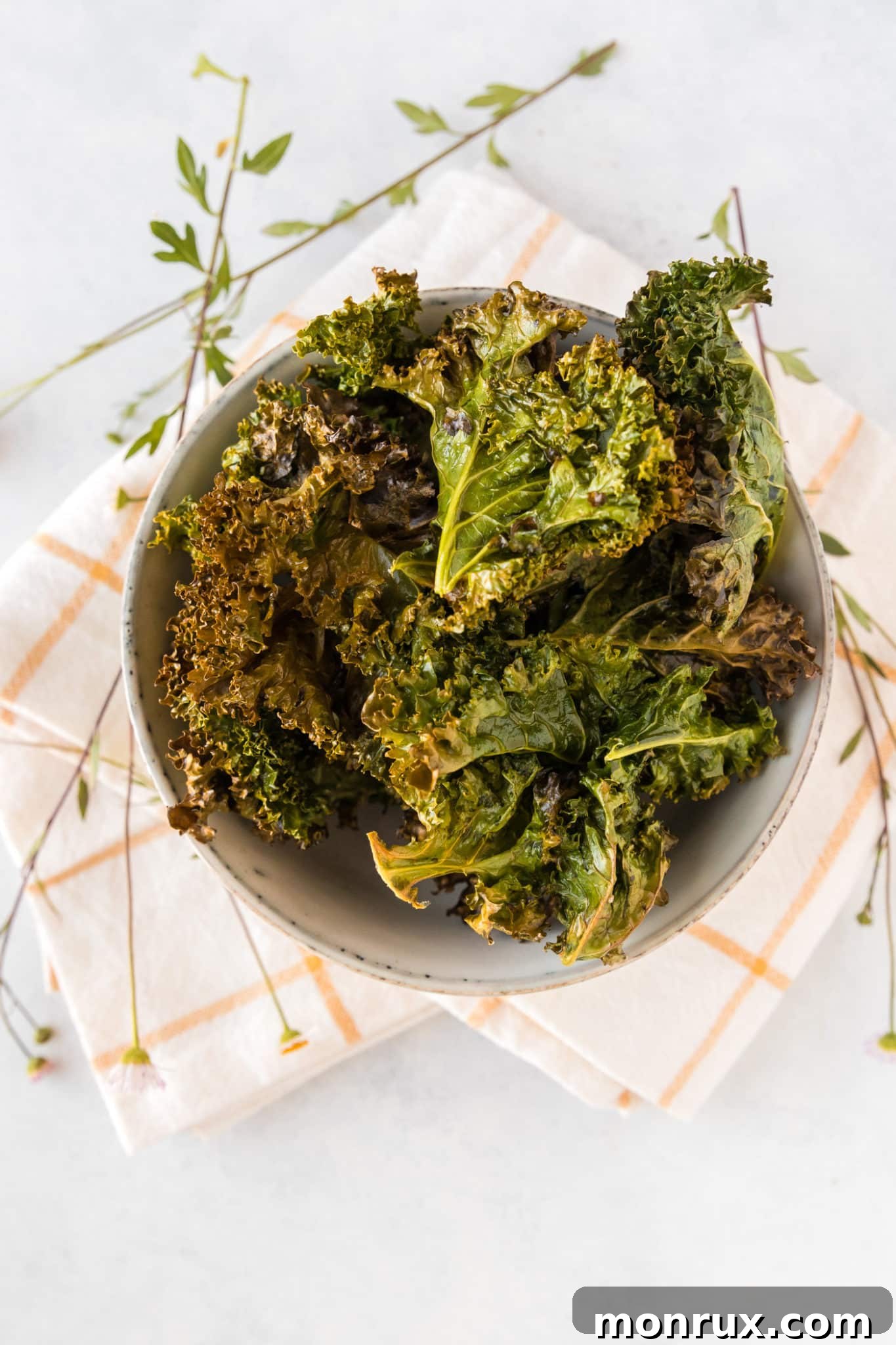 A vibrant bowl of golden-brown, crispy oven-baked kale chips, ready to be enjoyed as a healthy snack or side dish.