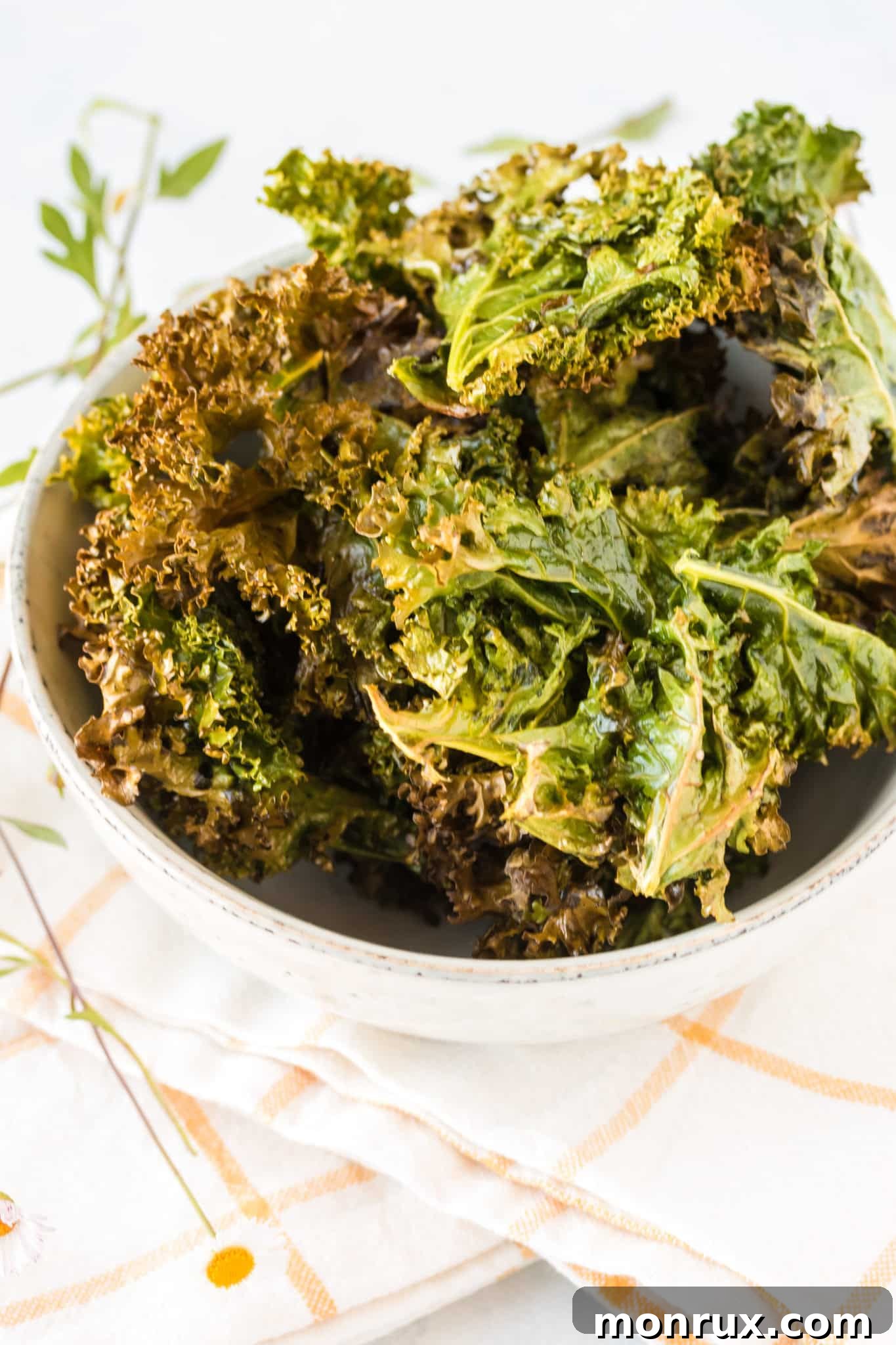 A rustic bowl filled with golden-brown, crispy oven-baked kale chips, ready for serving.