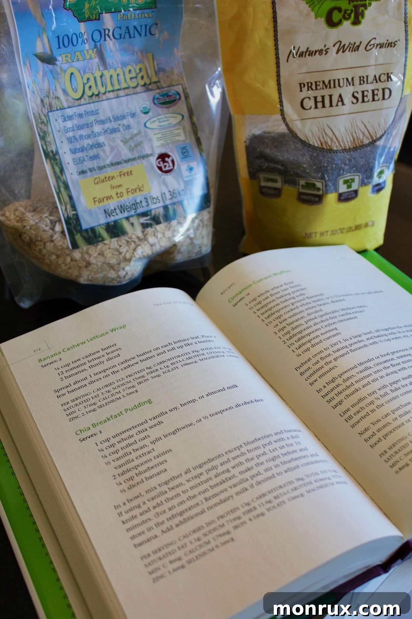 Dr. Fuhrman's book, The End of Dieting, surrounded by fresh ingredients for chia pudding, highlighting the recipe's origin and healthful components.