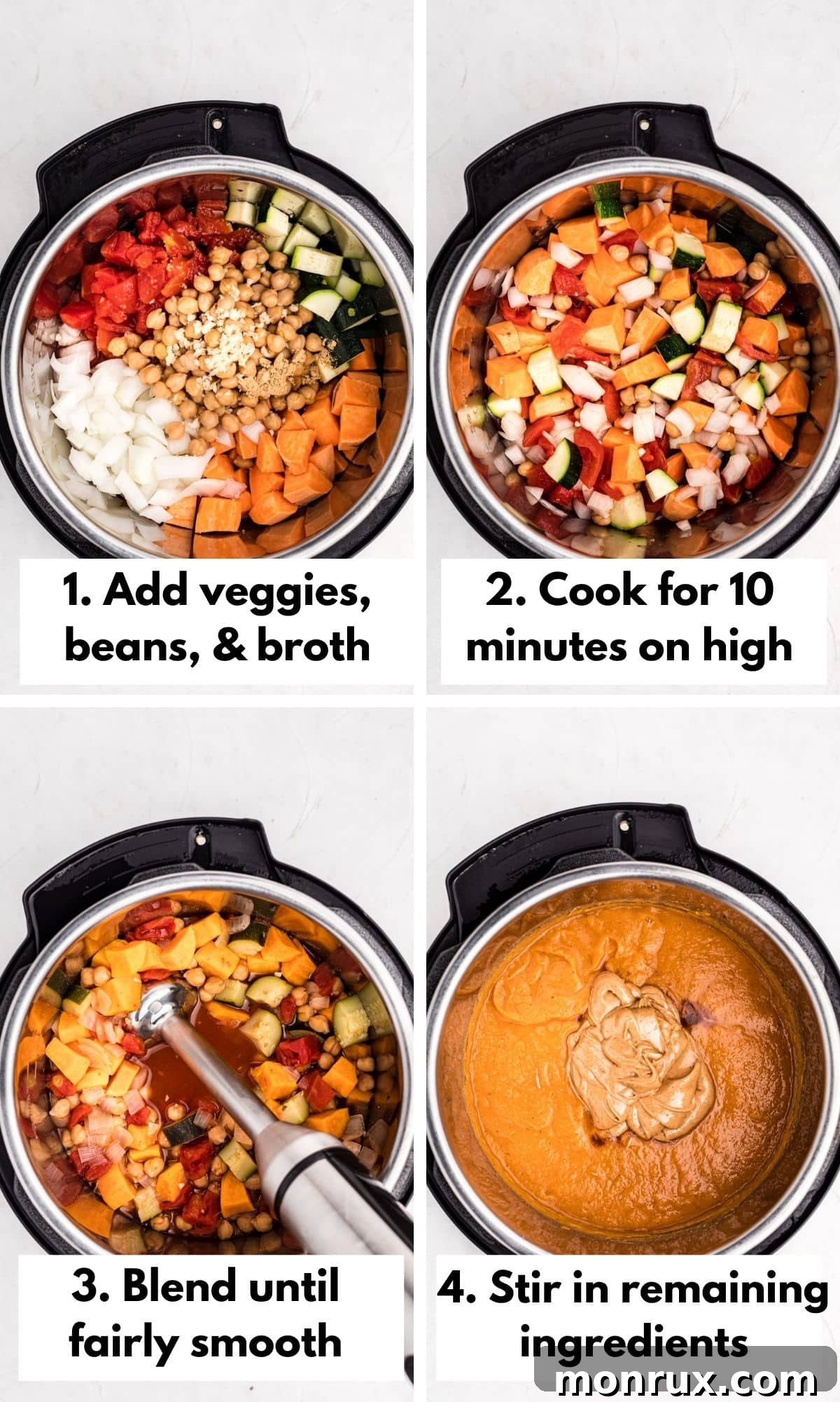 A close-up view of diced sweet potatoes, zucchini, and onions being added to an Instant Pot, illustrating the initial steps of preparing peanut butter soup.