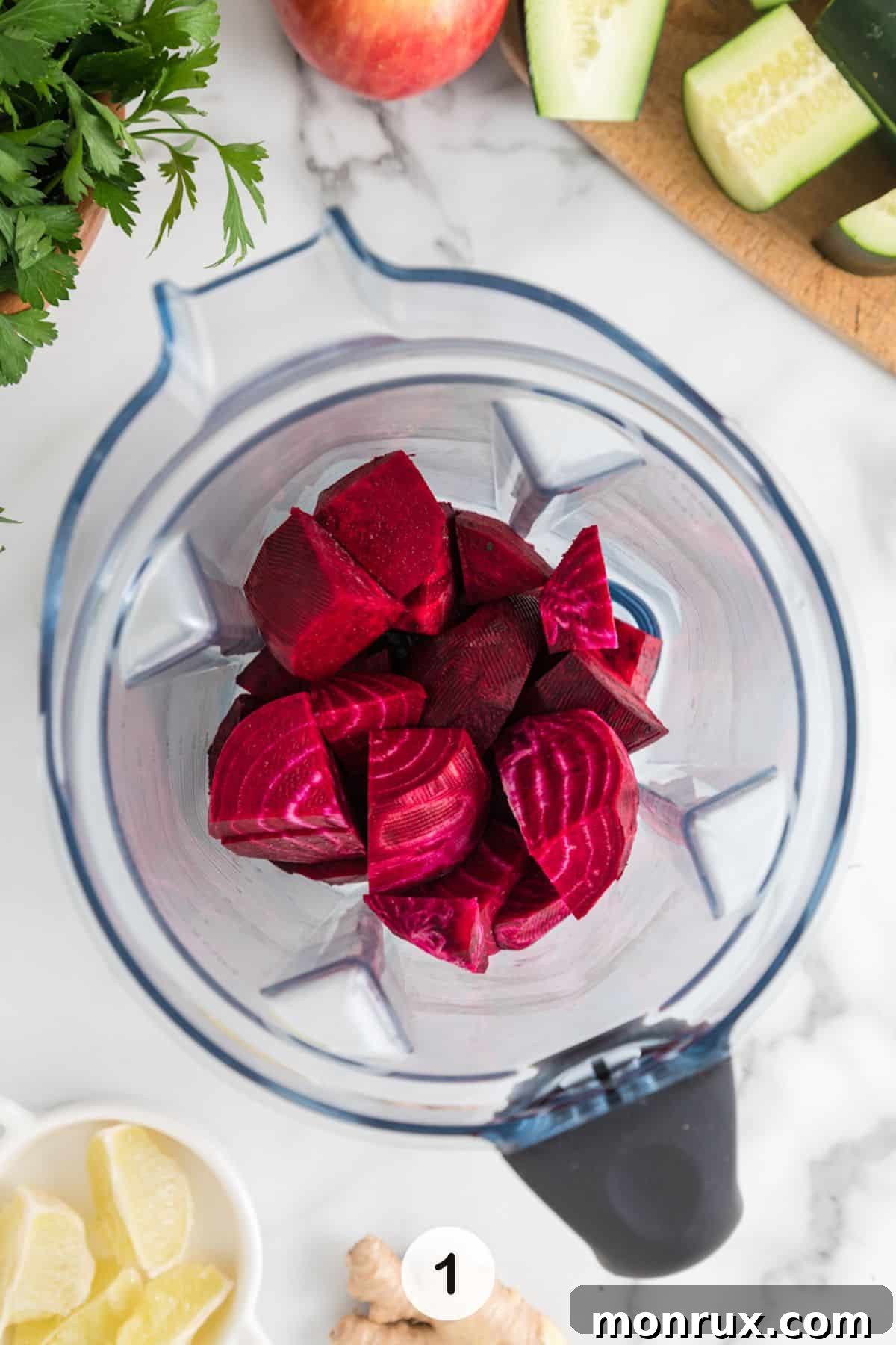 beets in blender to make beet juice recipe.
