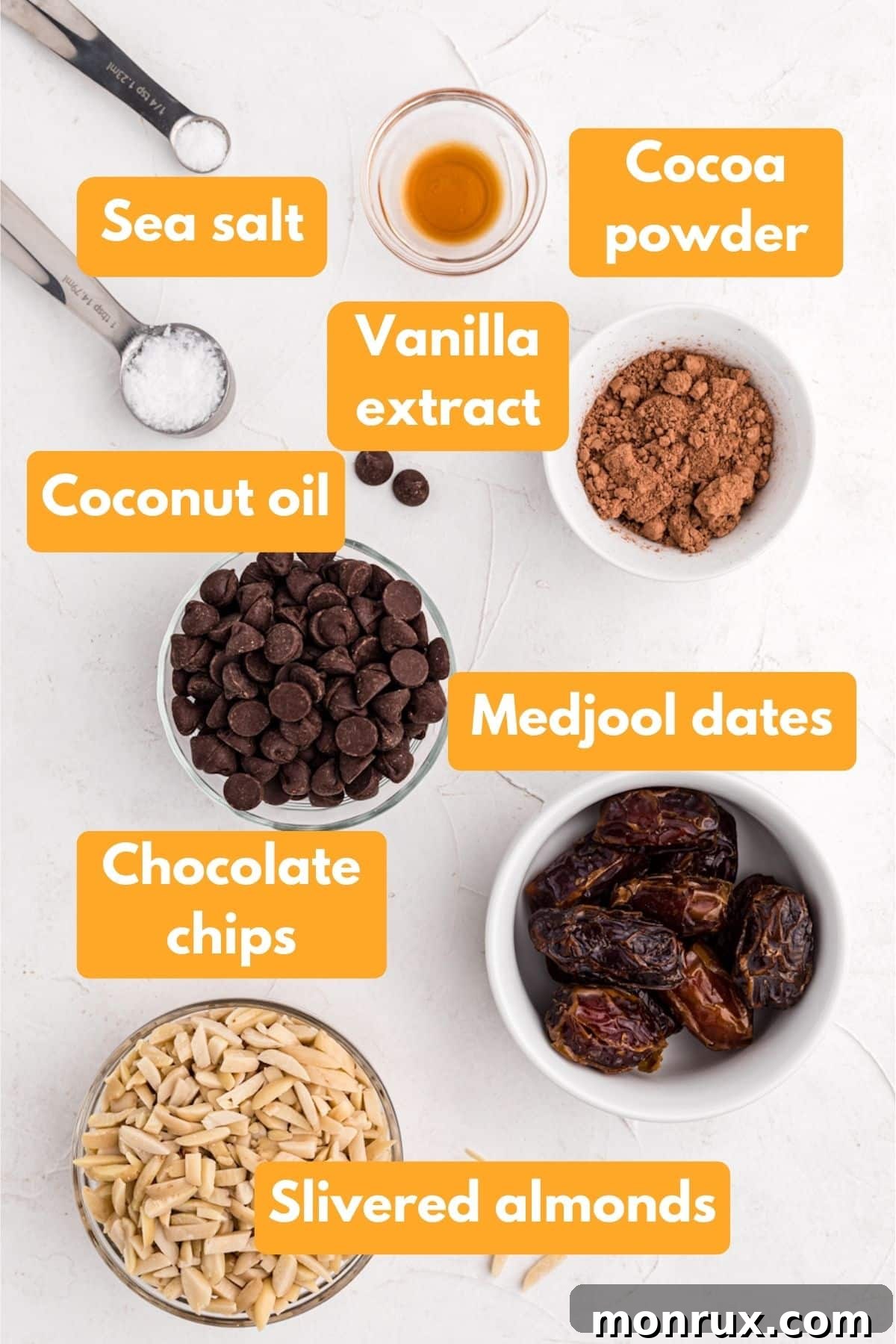 Various ingredients for vegan brownies laid out on a clean surface.