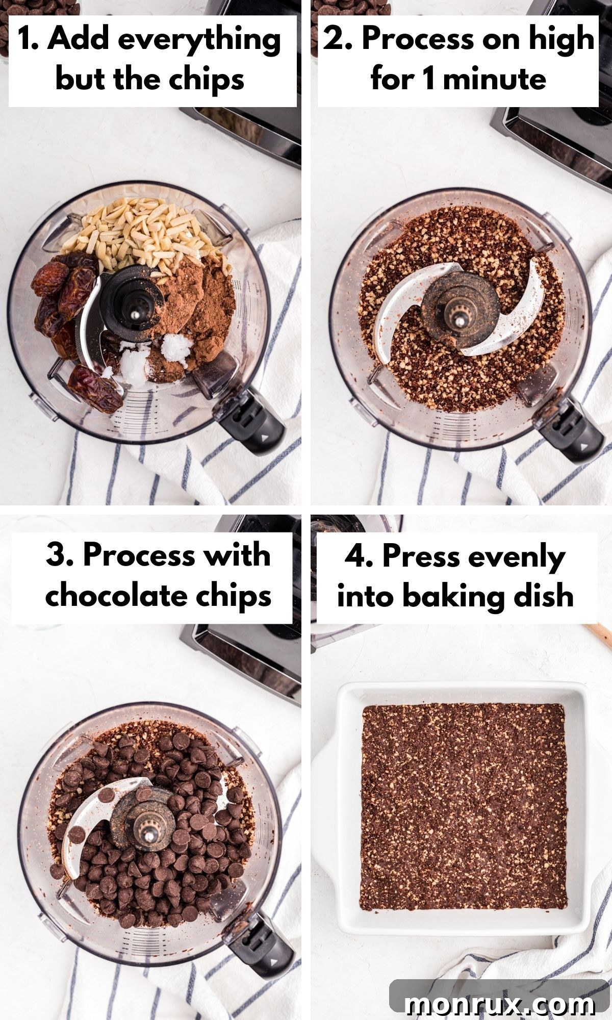 A visual guide showing how to prepare vegan no-bake brownies.