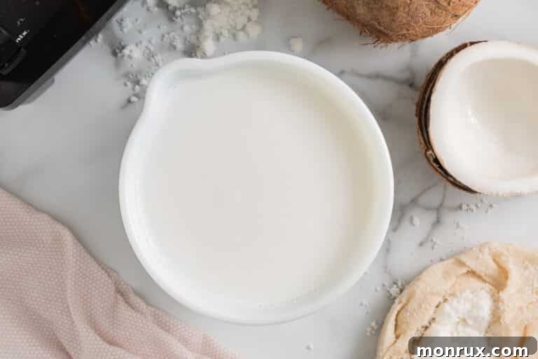 Vitamix coconut milk in a bowl with shredded coconut.