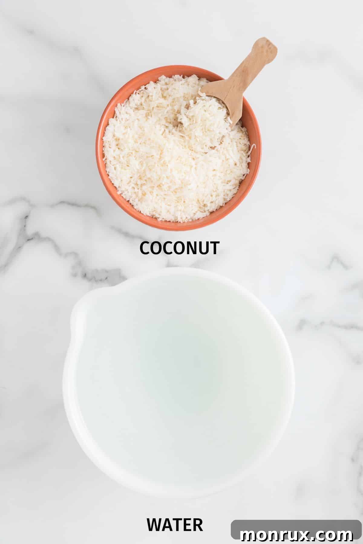 Ingredients for making homemade coconut milk including shredded coconut and filtered water.