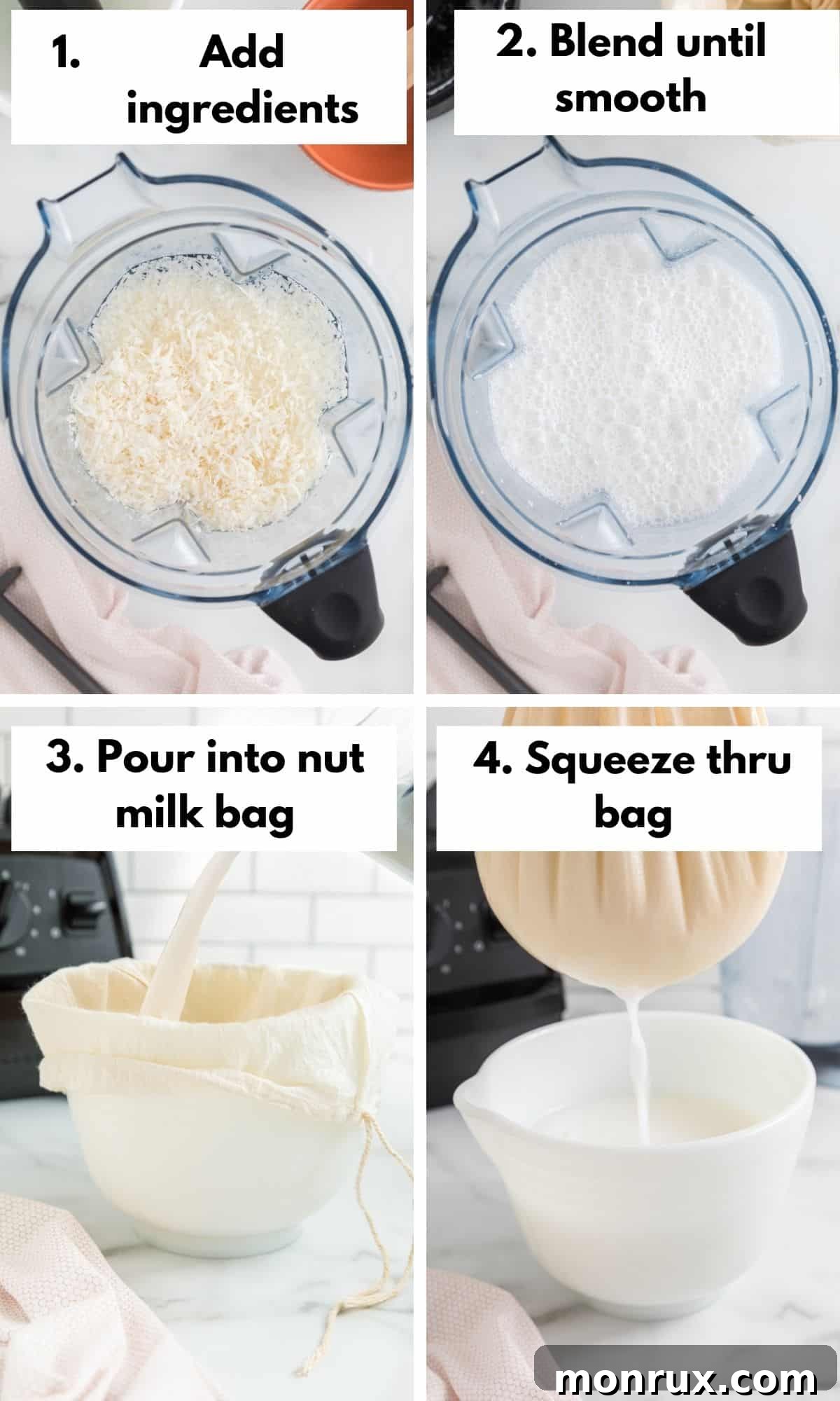 Process photos showing the steps for making Vitamix coconut milk: blending, straining, and pouring.