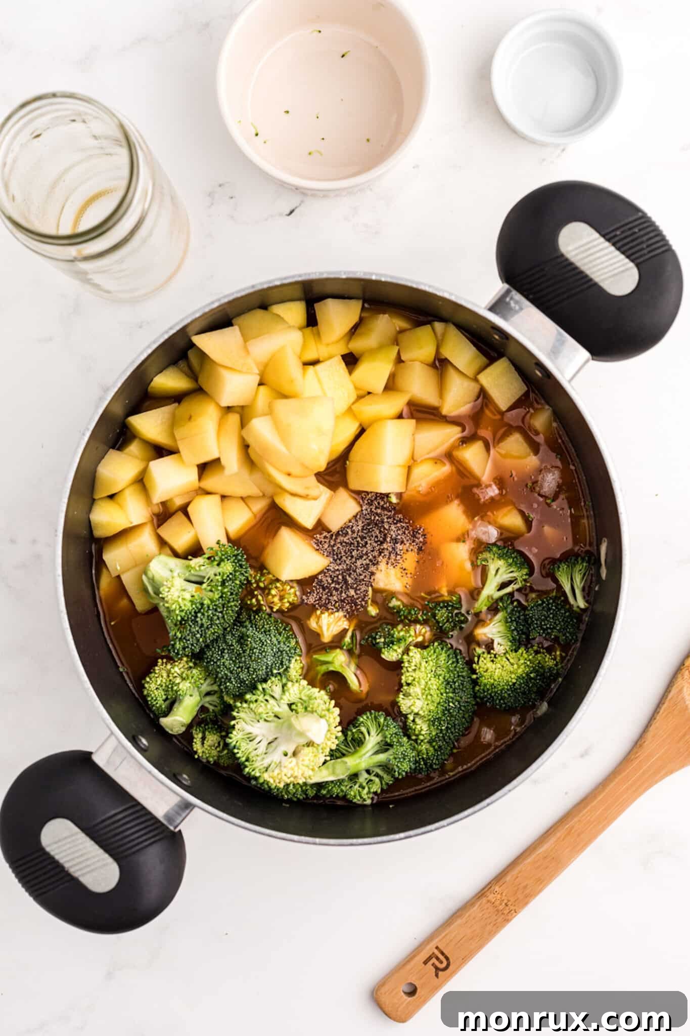 ingredients for broccoli soup in pot.