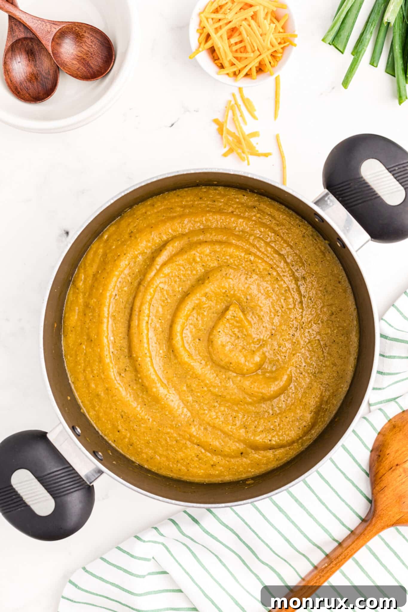 creamy vegan broccoli soup in pot.
