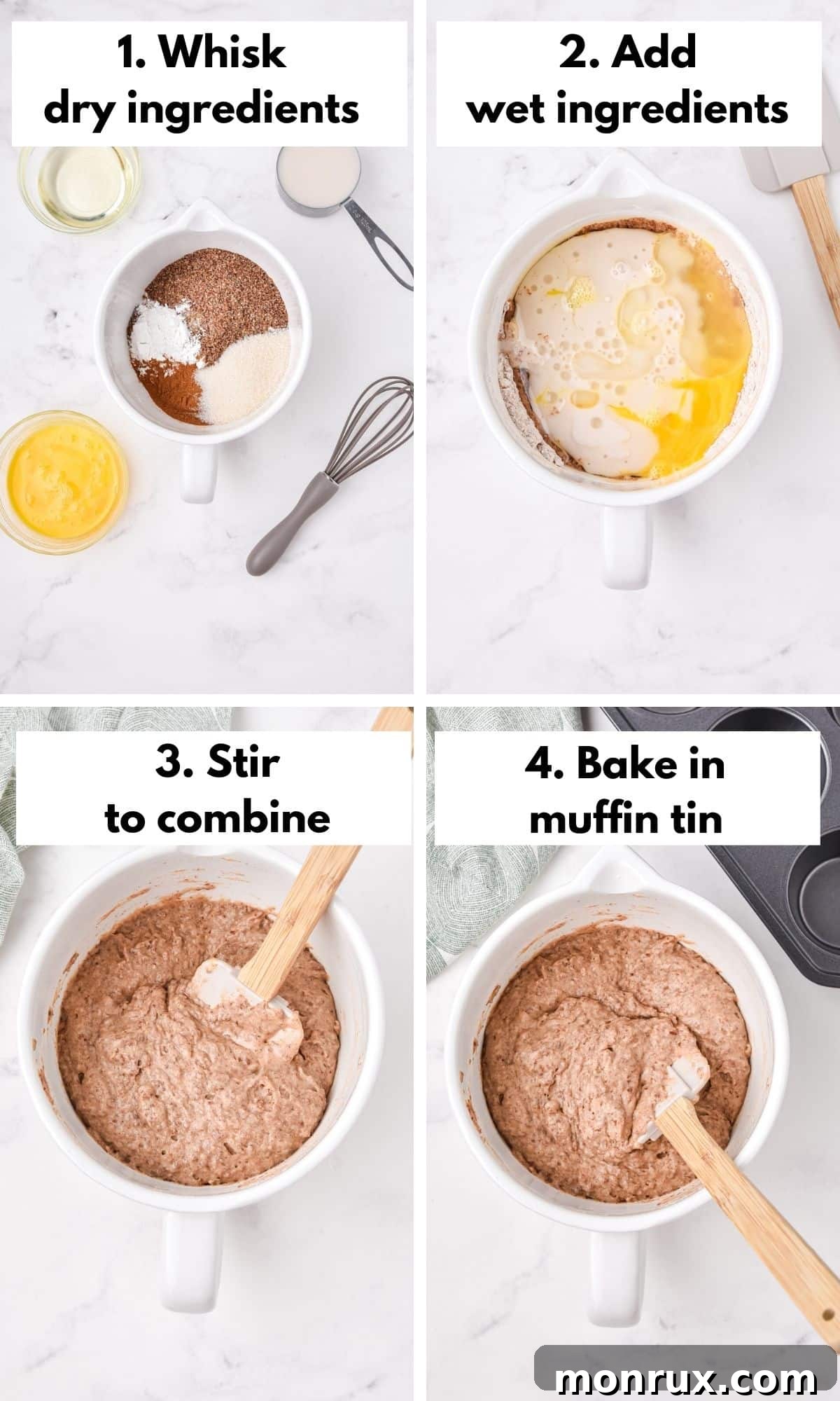 A process collage showing the mixing and preparation steps for gluten-free flax muffins, from dry ingredients to wet batter.