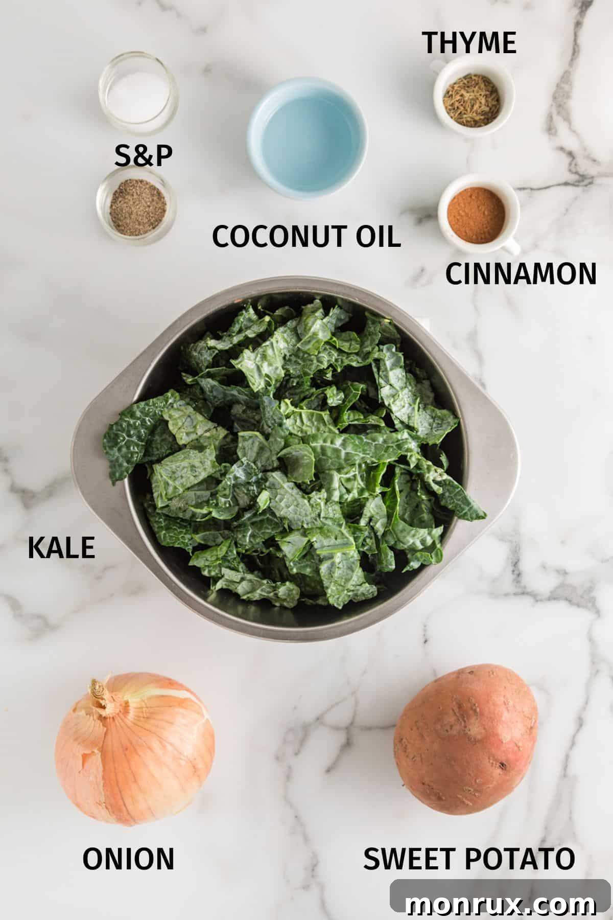 Ingredients for baked kale and sweet potato in small bowls.