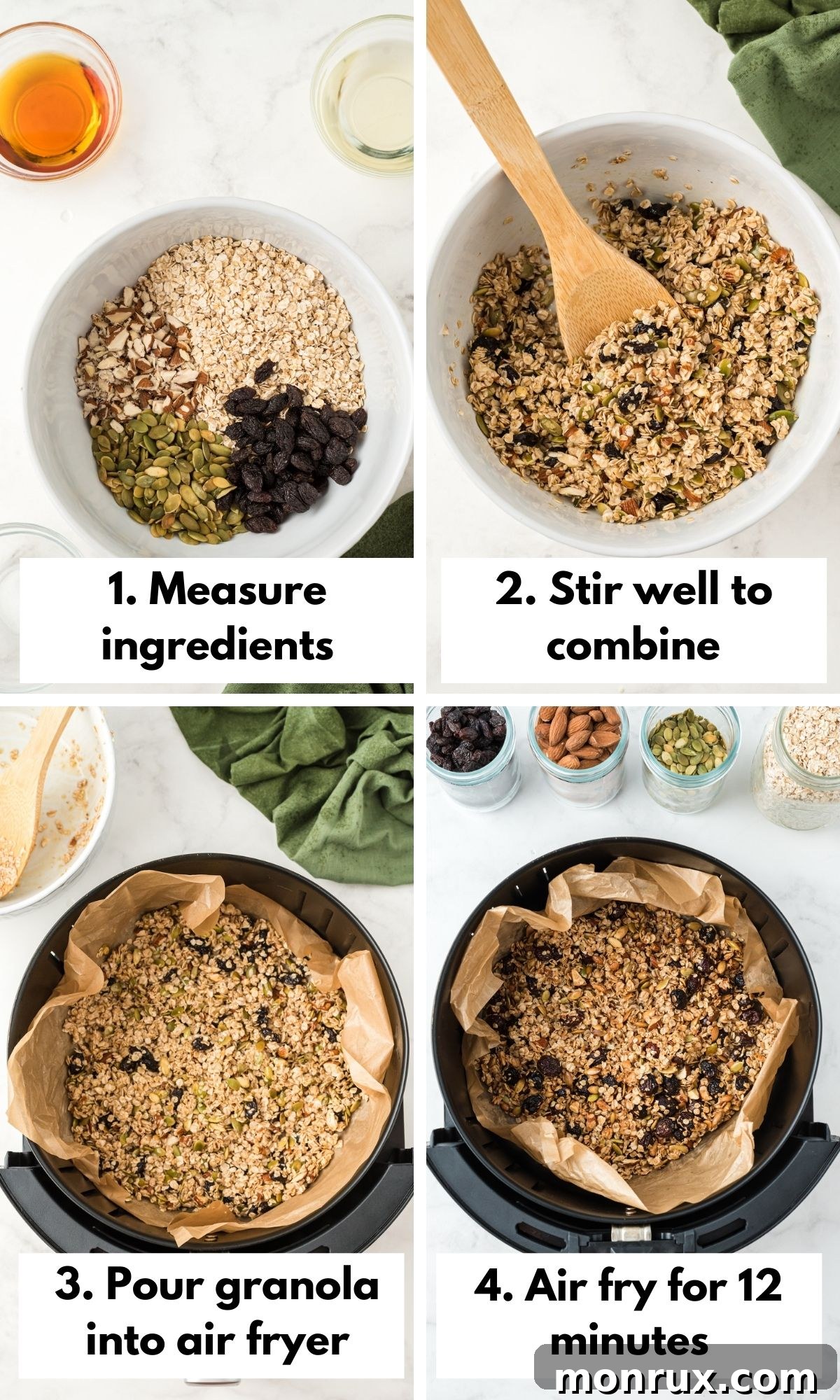 A person combining dry ingredients and wet ingredients in a large bowl to make granola, demonstrating the initial mixing step for air fryer granola.