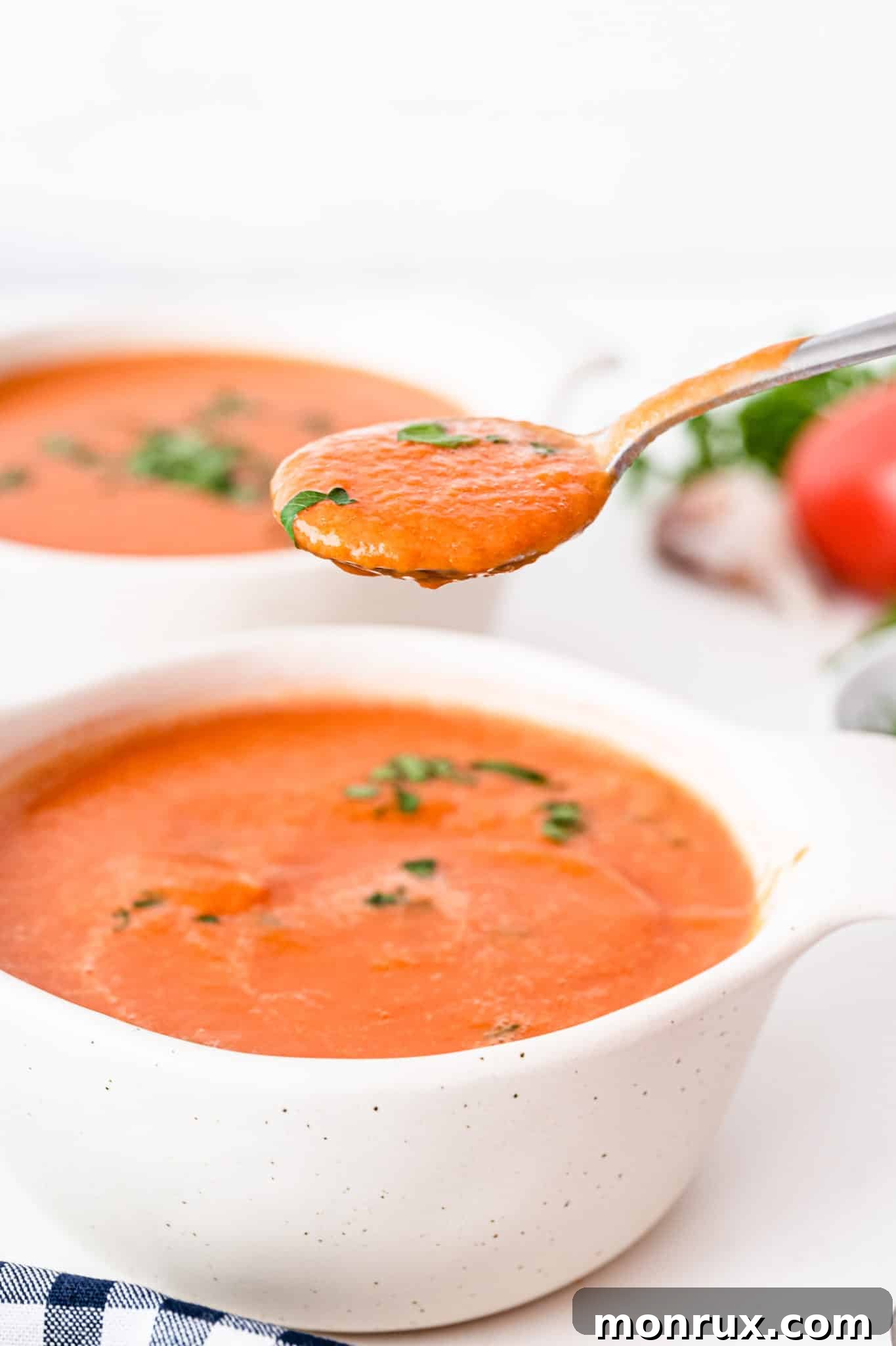 A spoonful of creamy Vitamix Tomato Soup, garnished with fresh herbs, showcasing its rich, vibrant color.