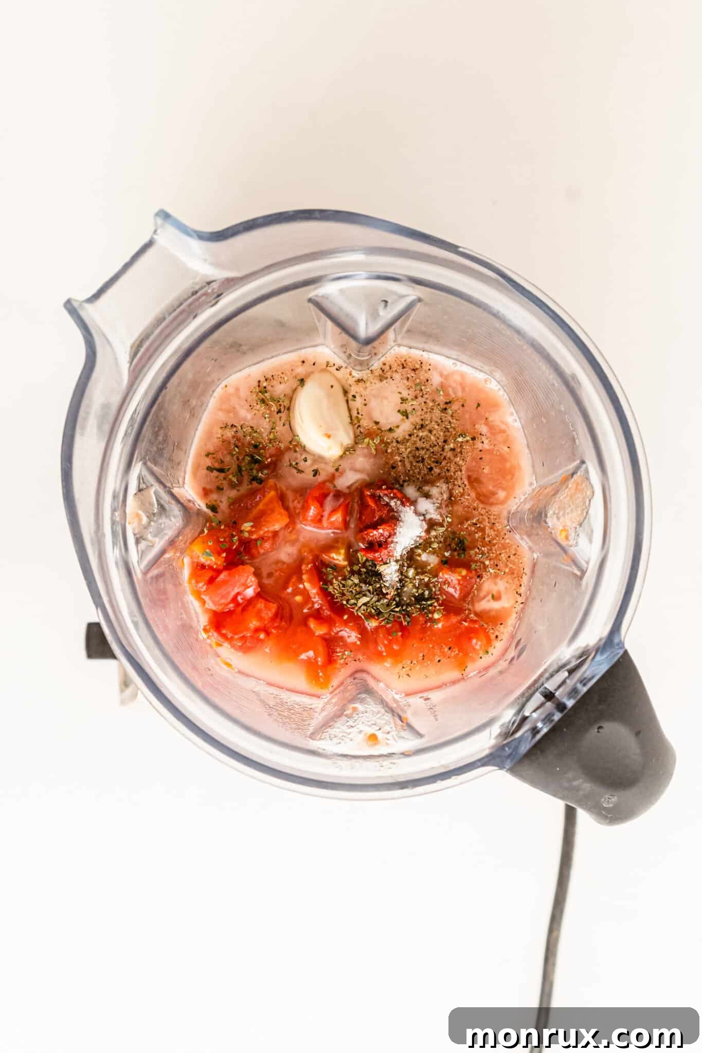 All ingredients are in the Vitamix blender, ready to be blended into soup.