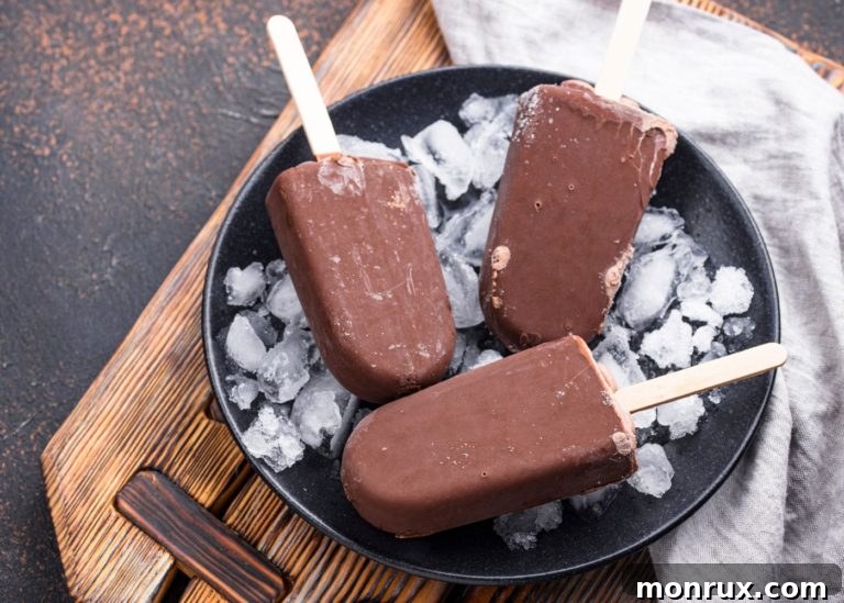 A bowl filled with vegan fudgesicles and ice, highlighting their rich chocolatey appeal.