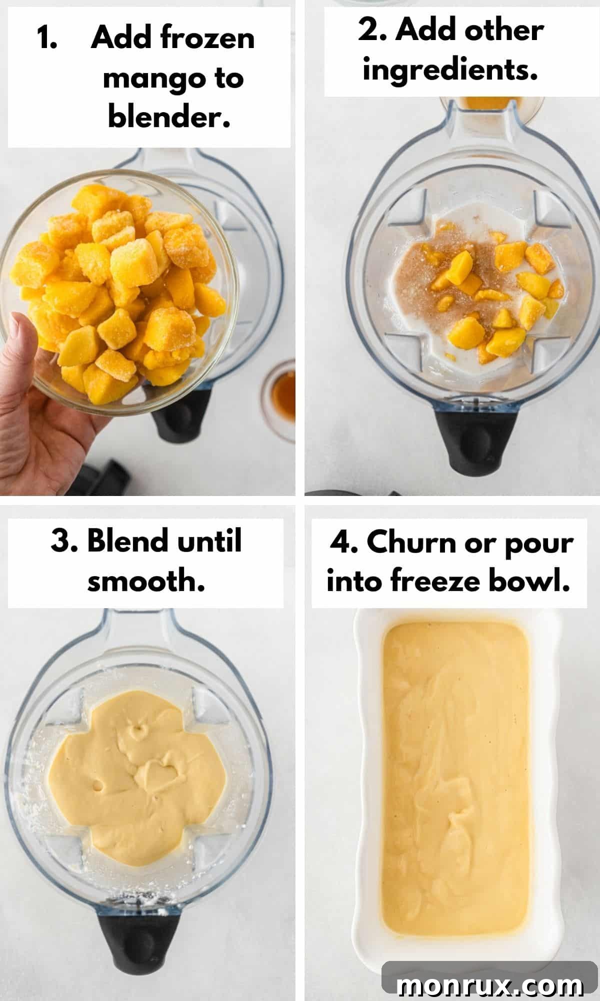 A visual guide showing the process of making vegan mango ice cream, from blending ingredients to churning in an ice cream maker.