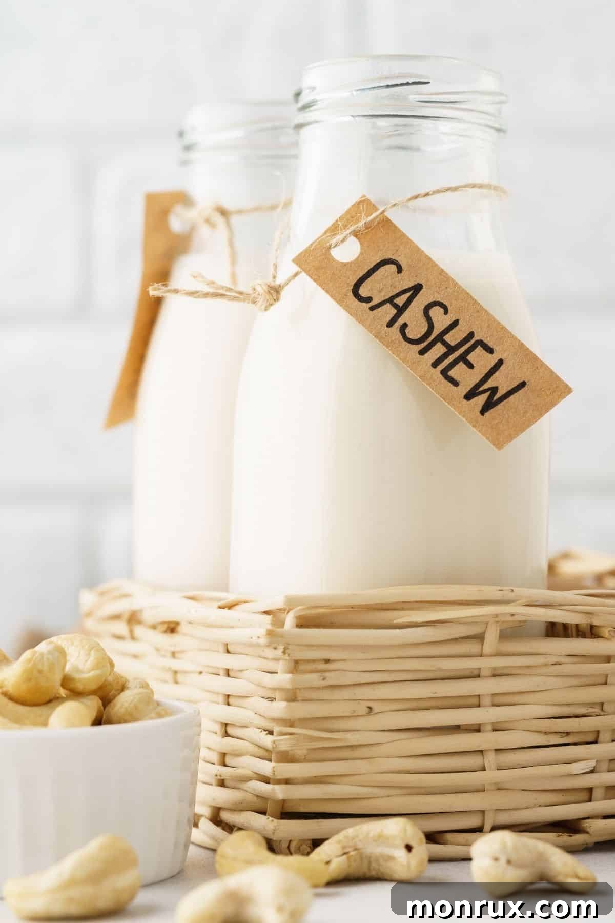 Two jars of homemade cashew milk with a handwritten label that says 'cashew milk', presented neatly on a rustic surface.