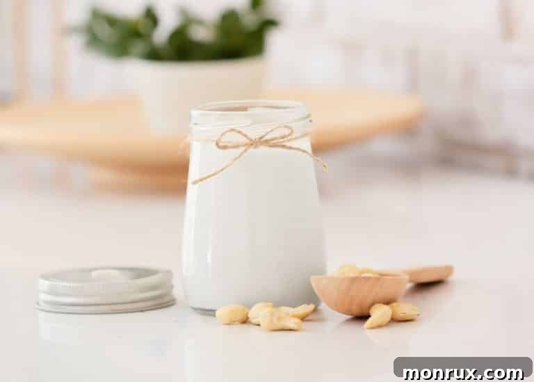 Creamy homemade cashew milk poured into a glass jar, ready to be enjoyed or stored.