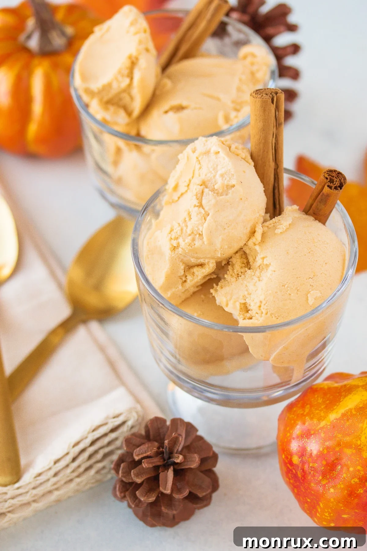 Two bowls of creamy vegan pumpkin ice cream served with cinnamon sticks, garnished for autumn appeal.