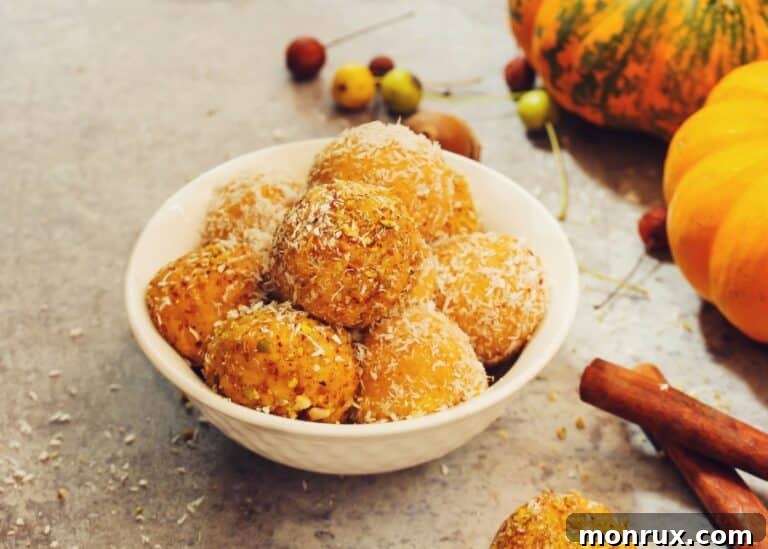 Pumpkin spice energy balls displayed beautifully on a table, ready to be enjoyed.