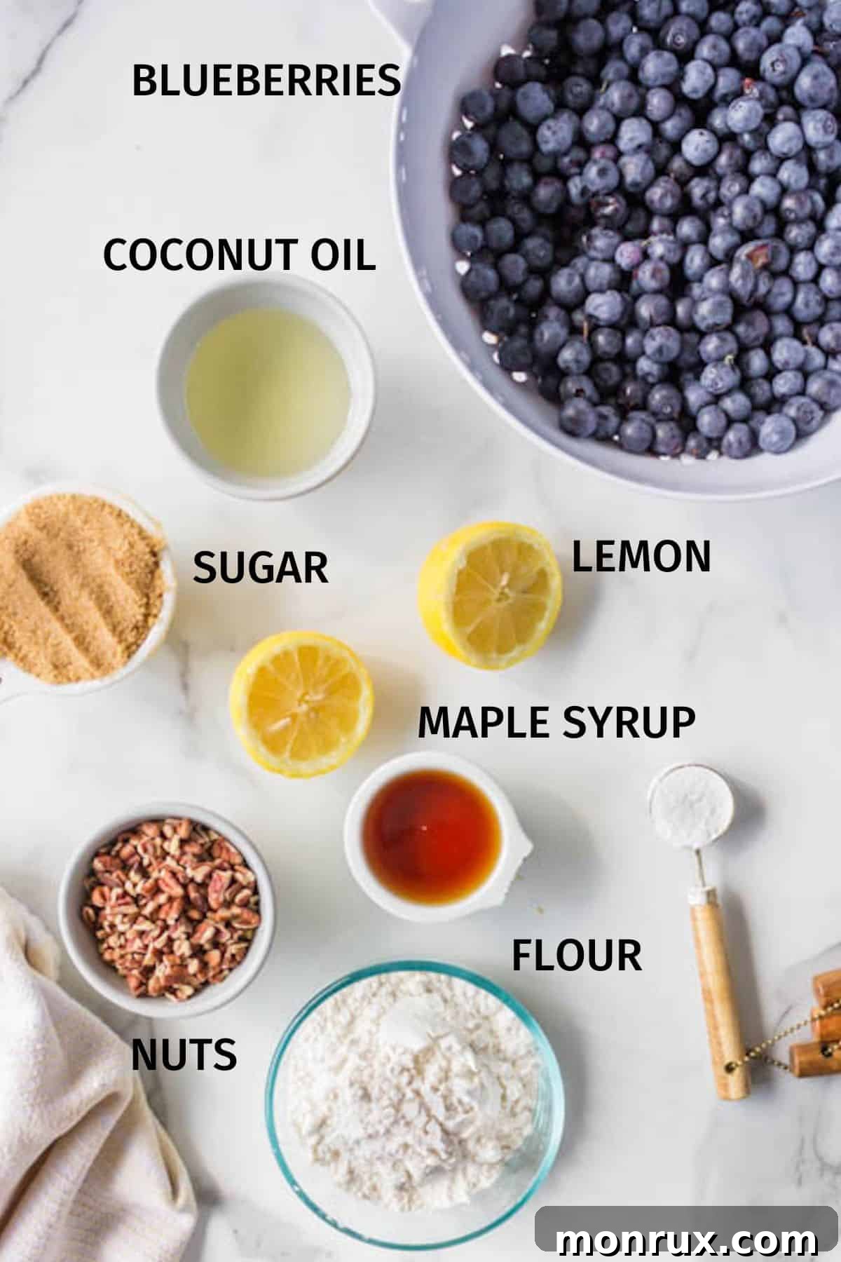 labeled photo with ingredients for blueberry crisp.