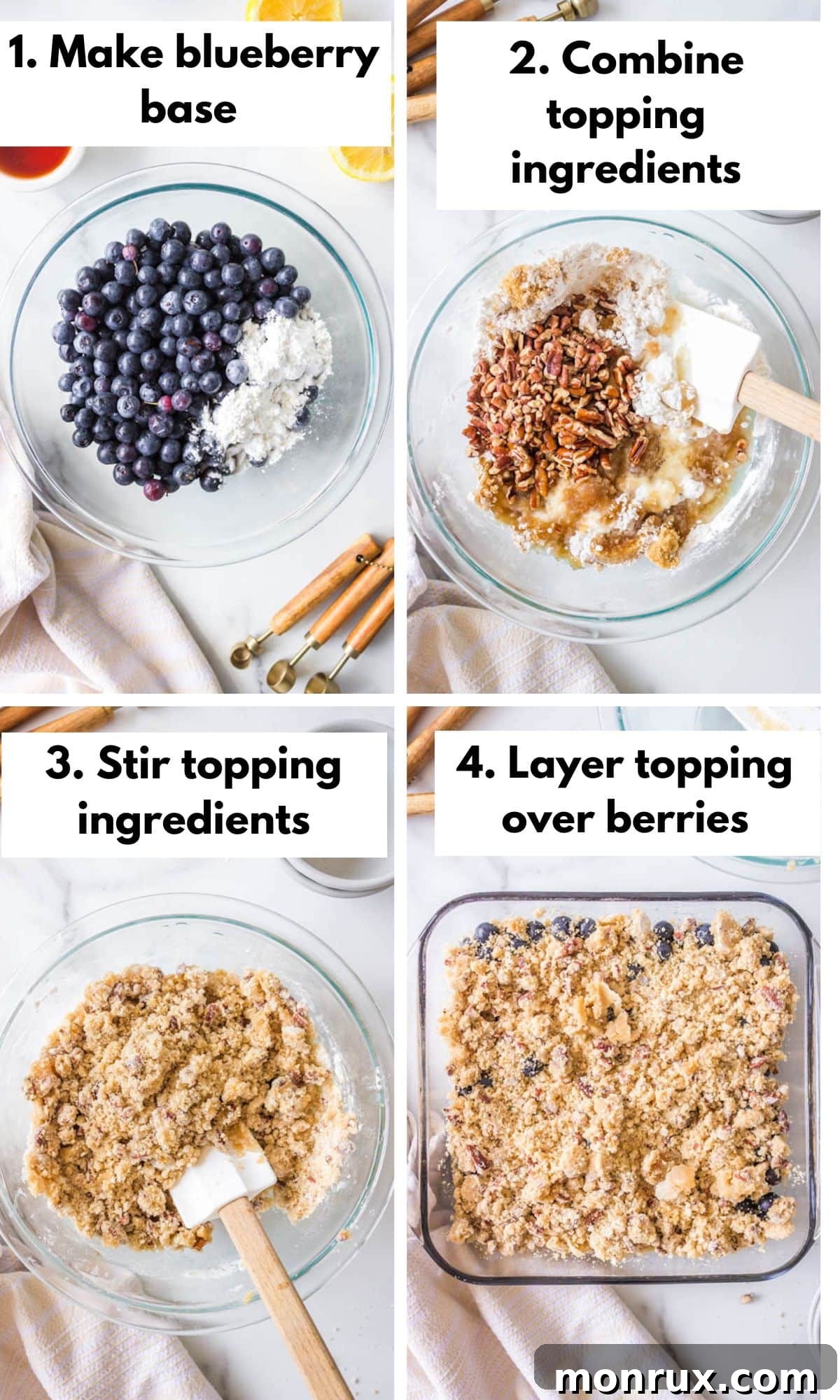 process photos for how to make blueberry crisp.