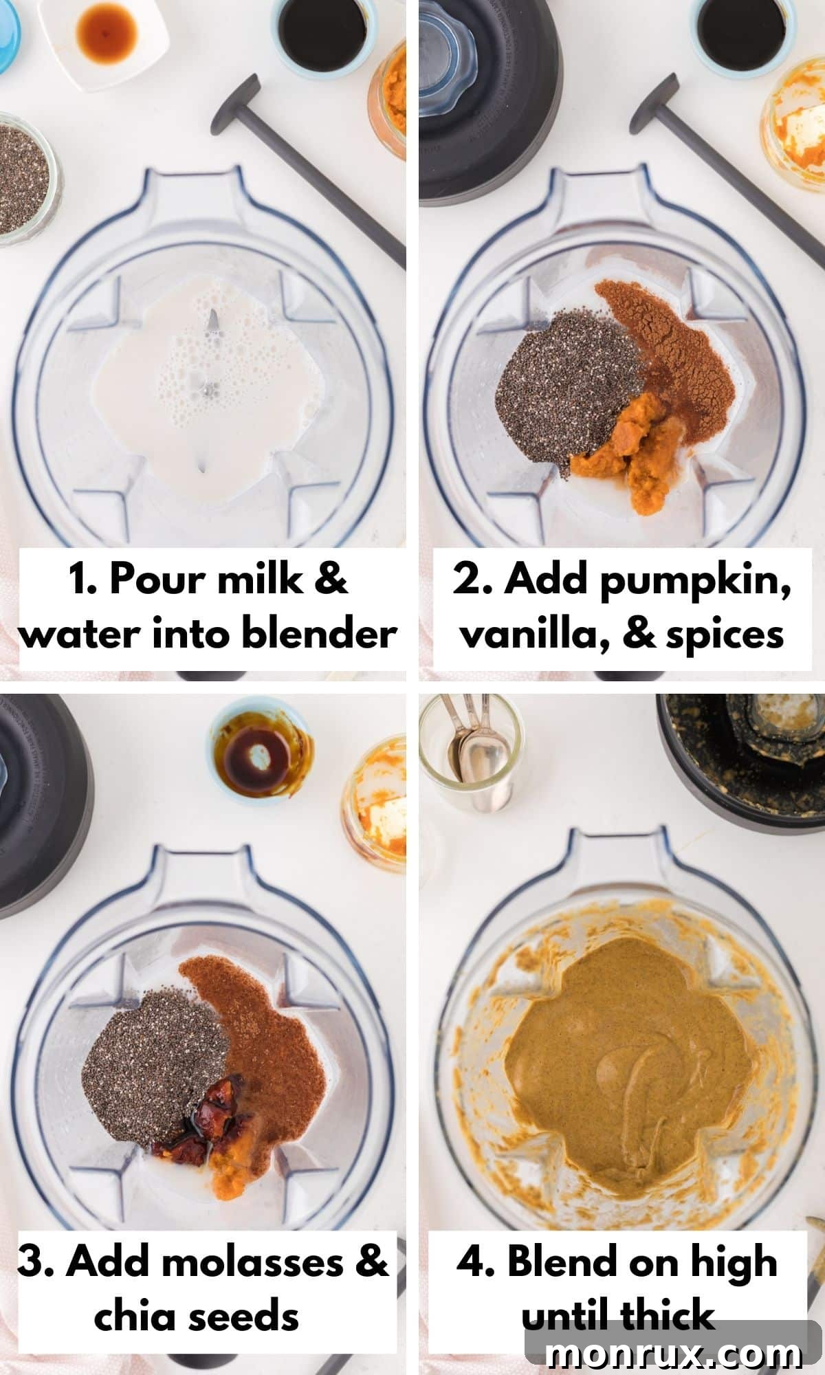 The process of combining all ingredients for pumpkin chia pudding in a high-speed blender for a smooth mixture.