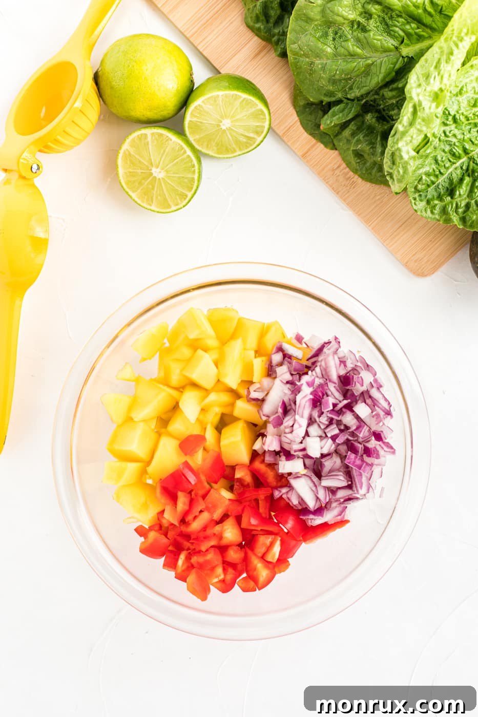 Step-by-step images showing how to prepare mango salsa, from dicing mango to mixing ingredients in a bowl.