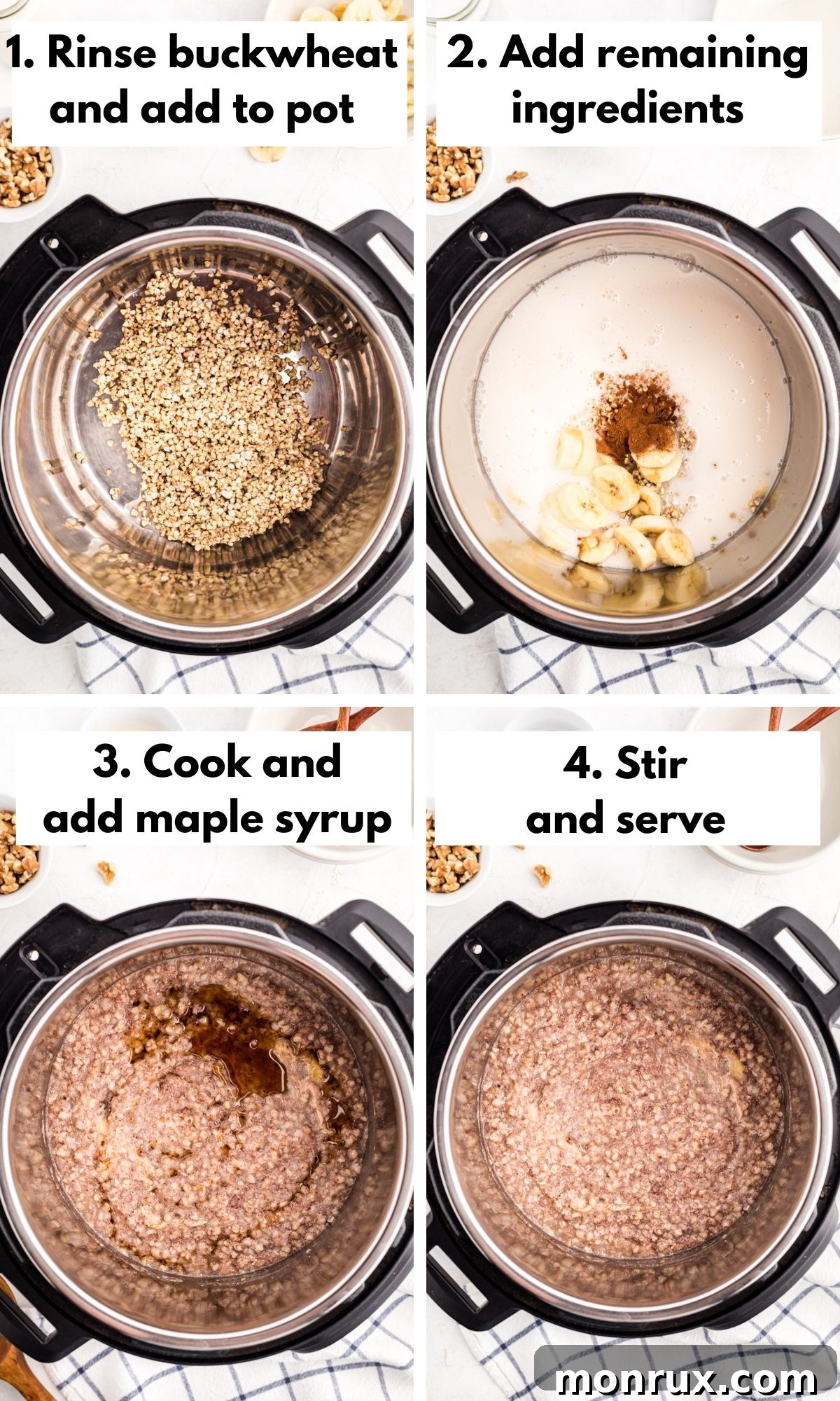 Process collage for making buckwheat porridge in an Instant Pot, showing ingredients, mixing, and the finished product.