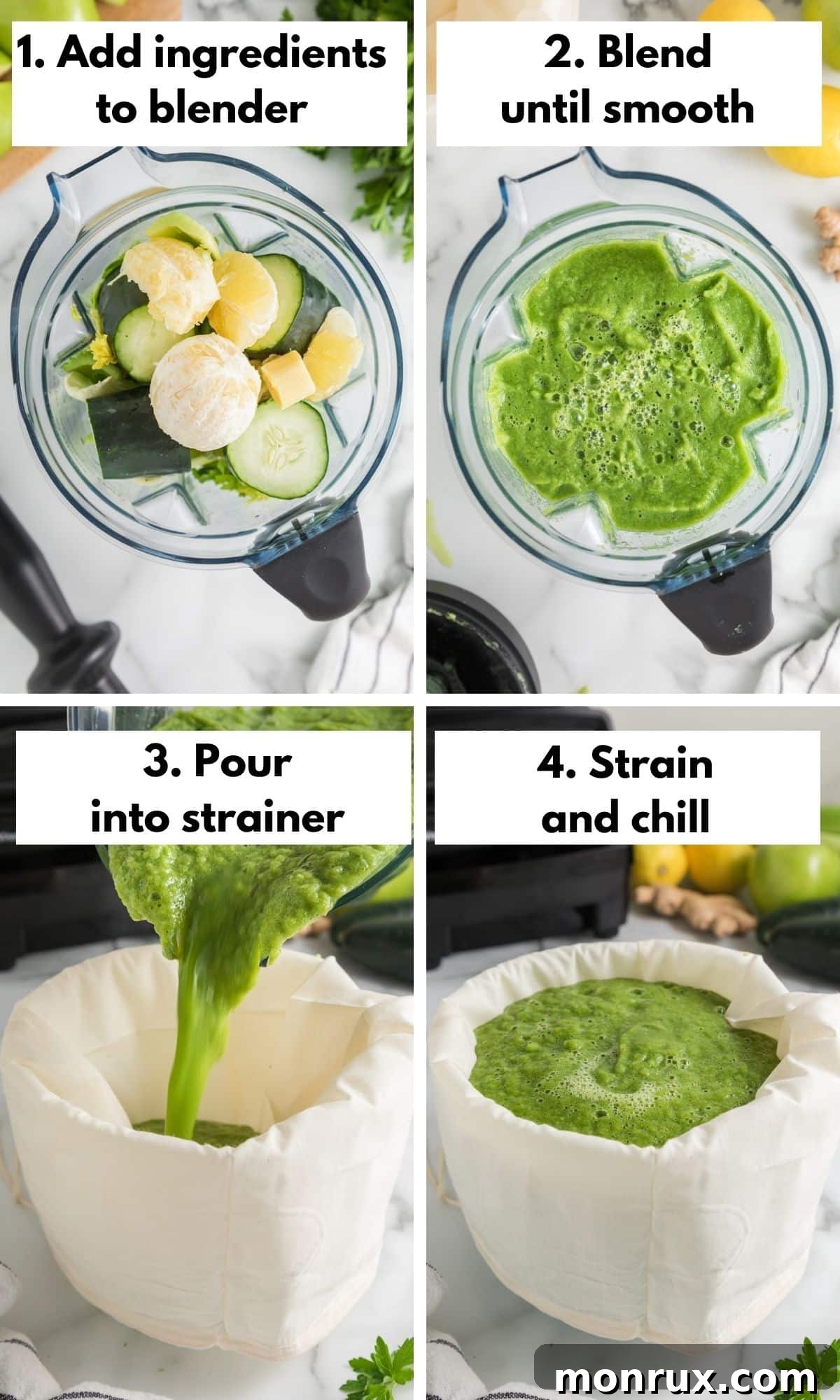 A process collage showing steps for making lemon ginger green juice, including blending ingredients, straining through a nut milk bag, and the final poured juice.