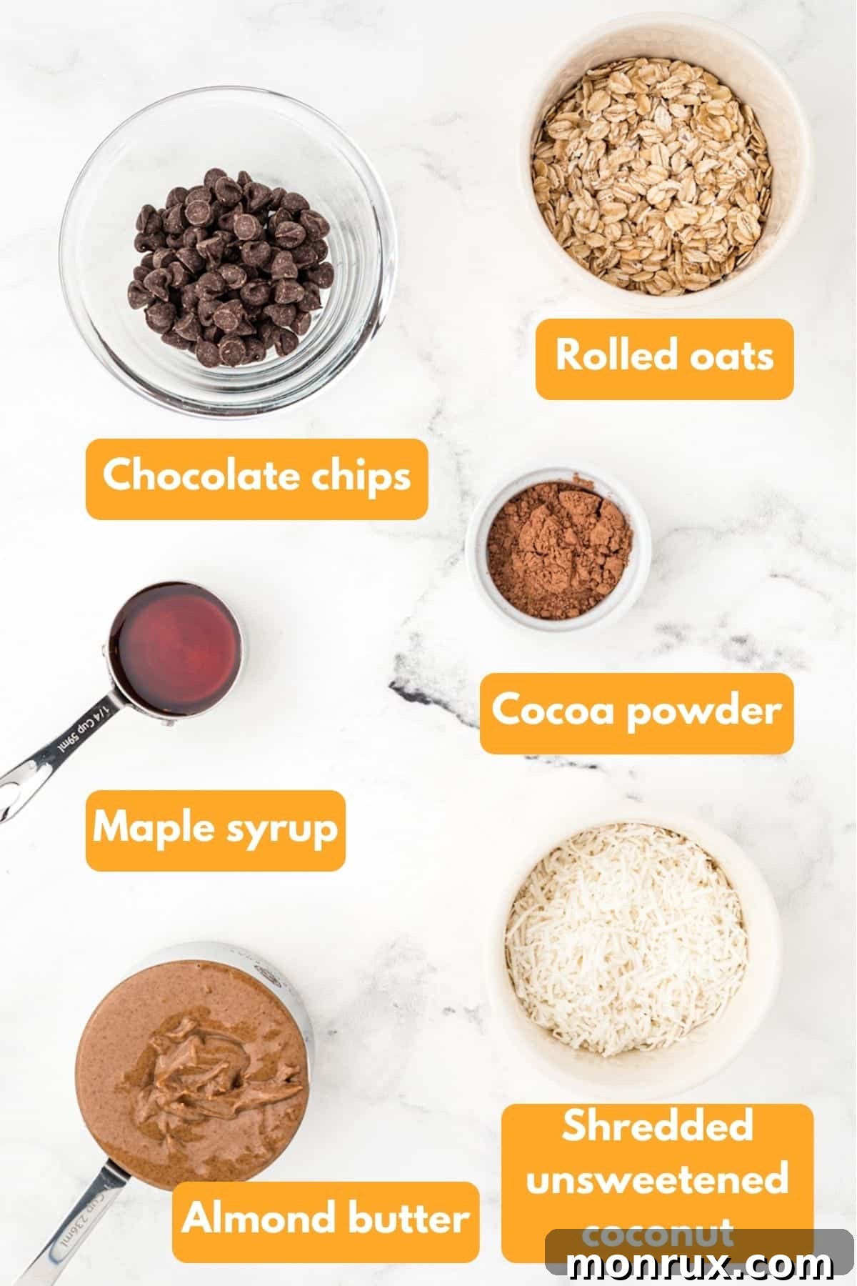 Ingredients laid out for making almond butter energy balls