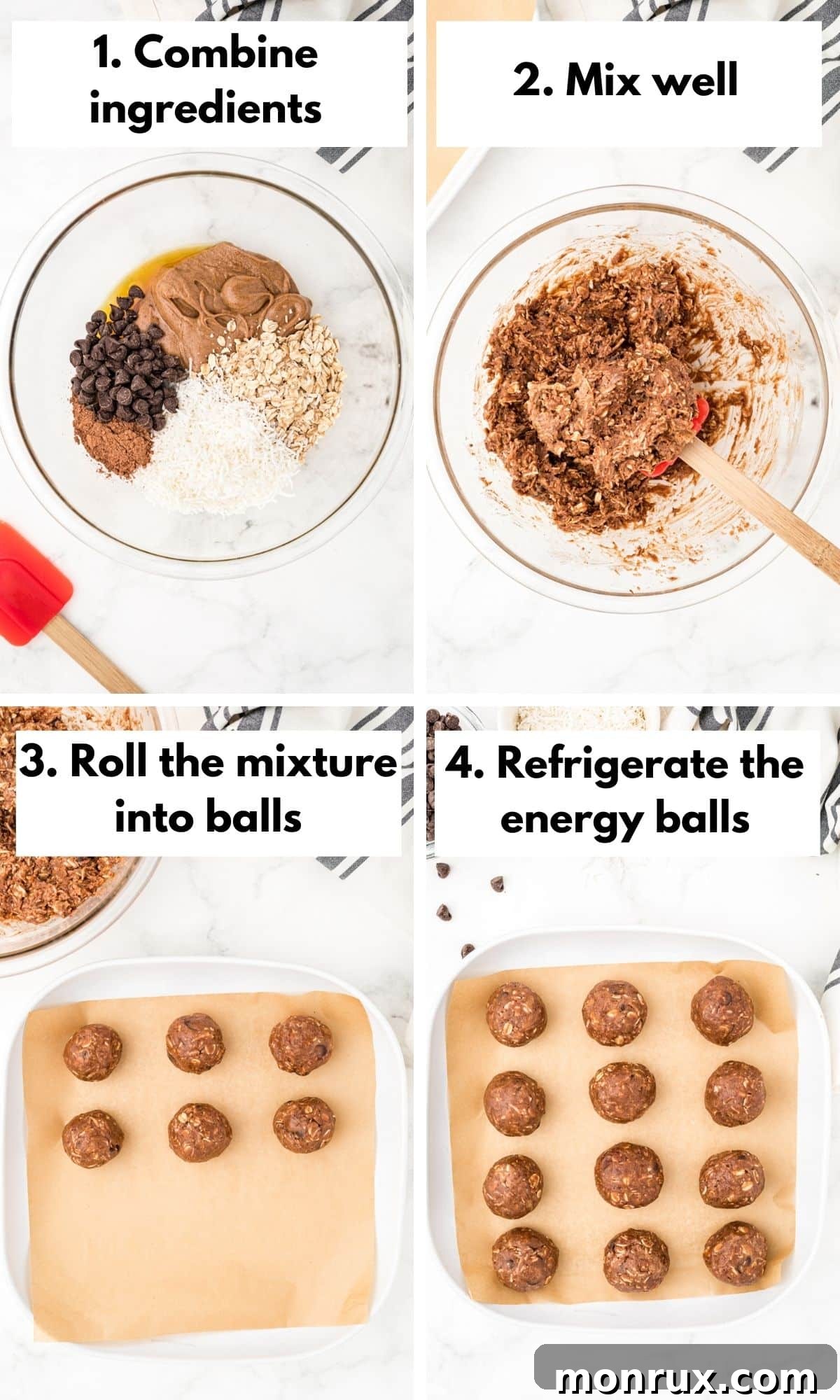 Steps for how to make nut butter energy balls, showing mixing and rolling