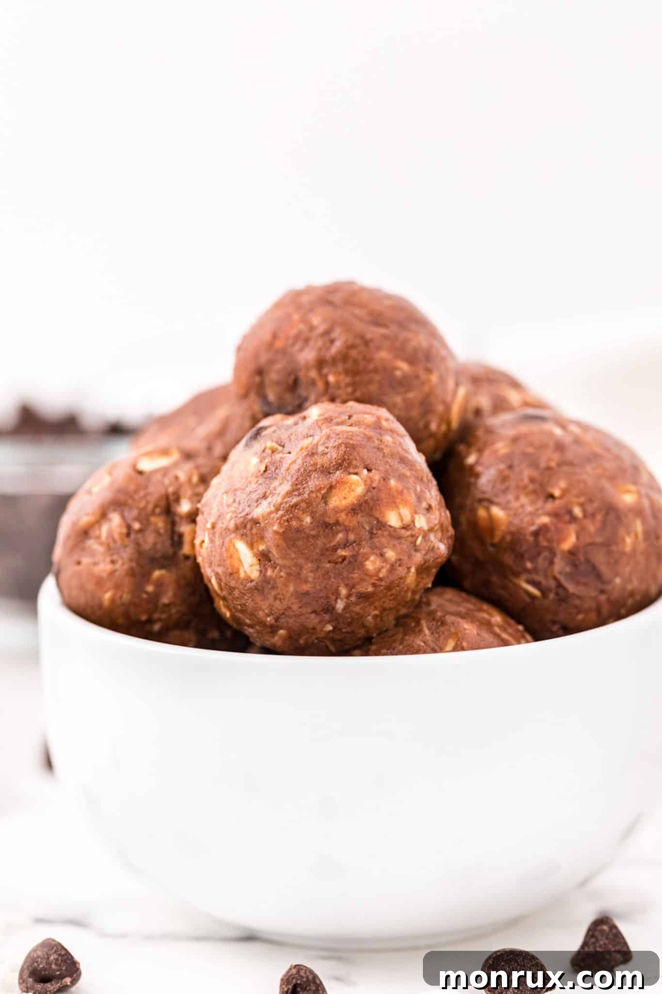 A bowl of double chocolate almond butter energy balls ready to eat
