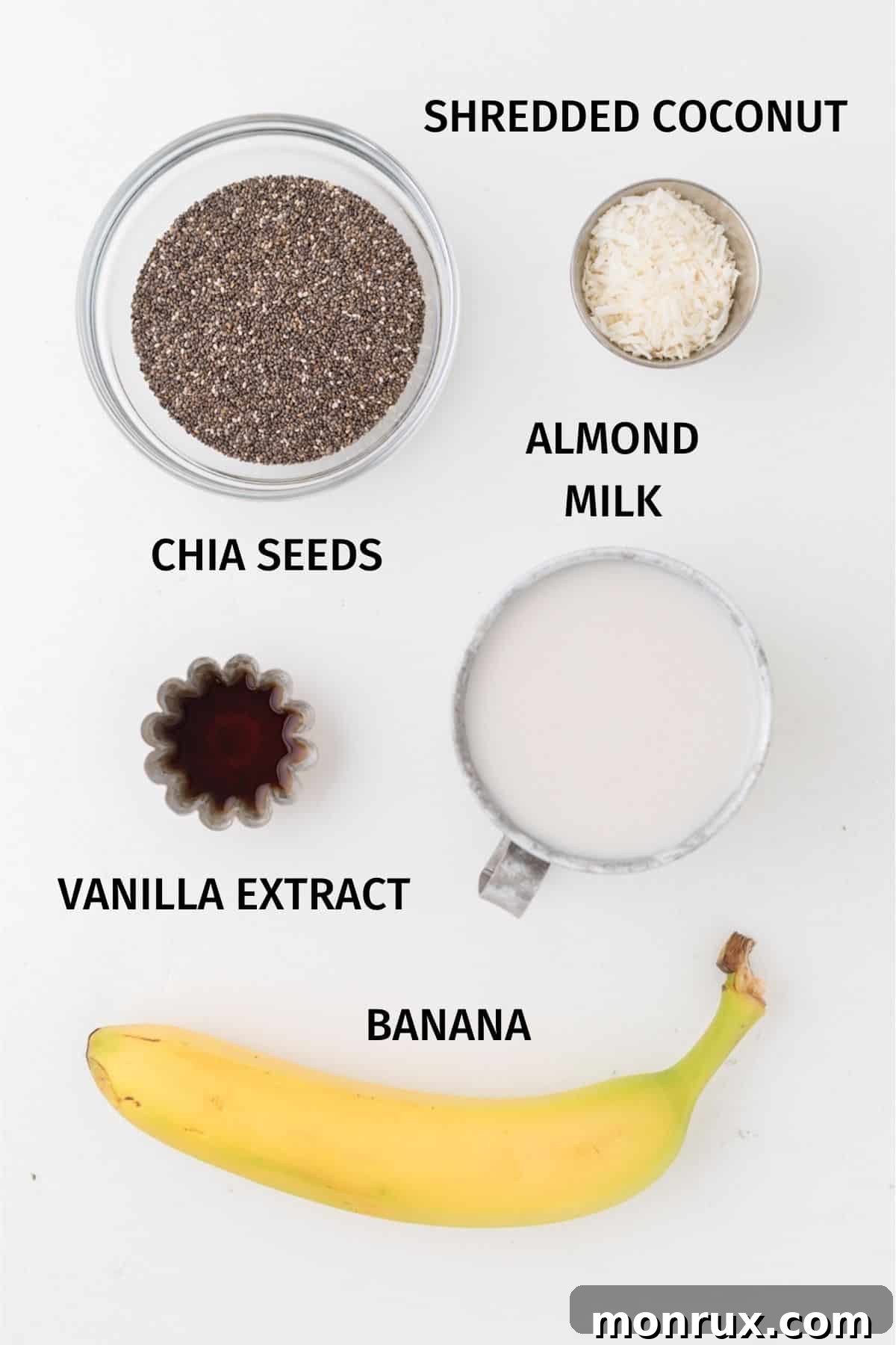 A flat lay photograph showcasing the simple ingredients required for Whole30 Chia Pudding, including chia seeds, almond milk, vanilla extract, shredded coconut, and a ripe banana.