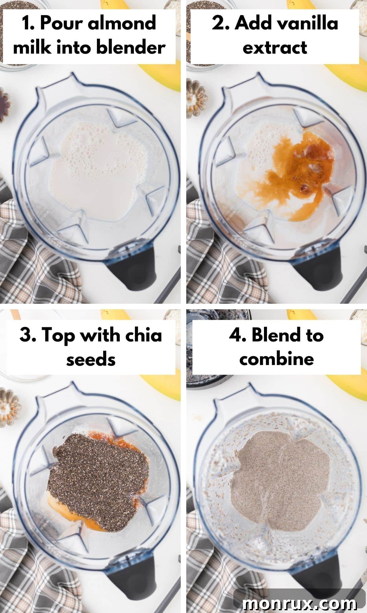 The initial step of making chia pudding, showing chia seeds, almond milk, and vanilla extract being combined in a blender pitcher.