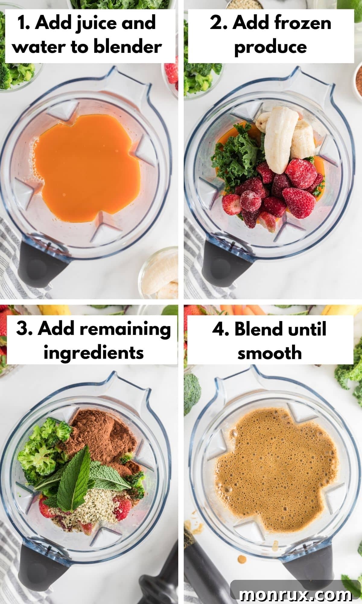 A visual step-by-step collage demonstrating the easy process of making a cancer-fighting green smoothie.