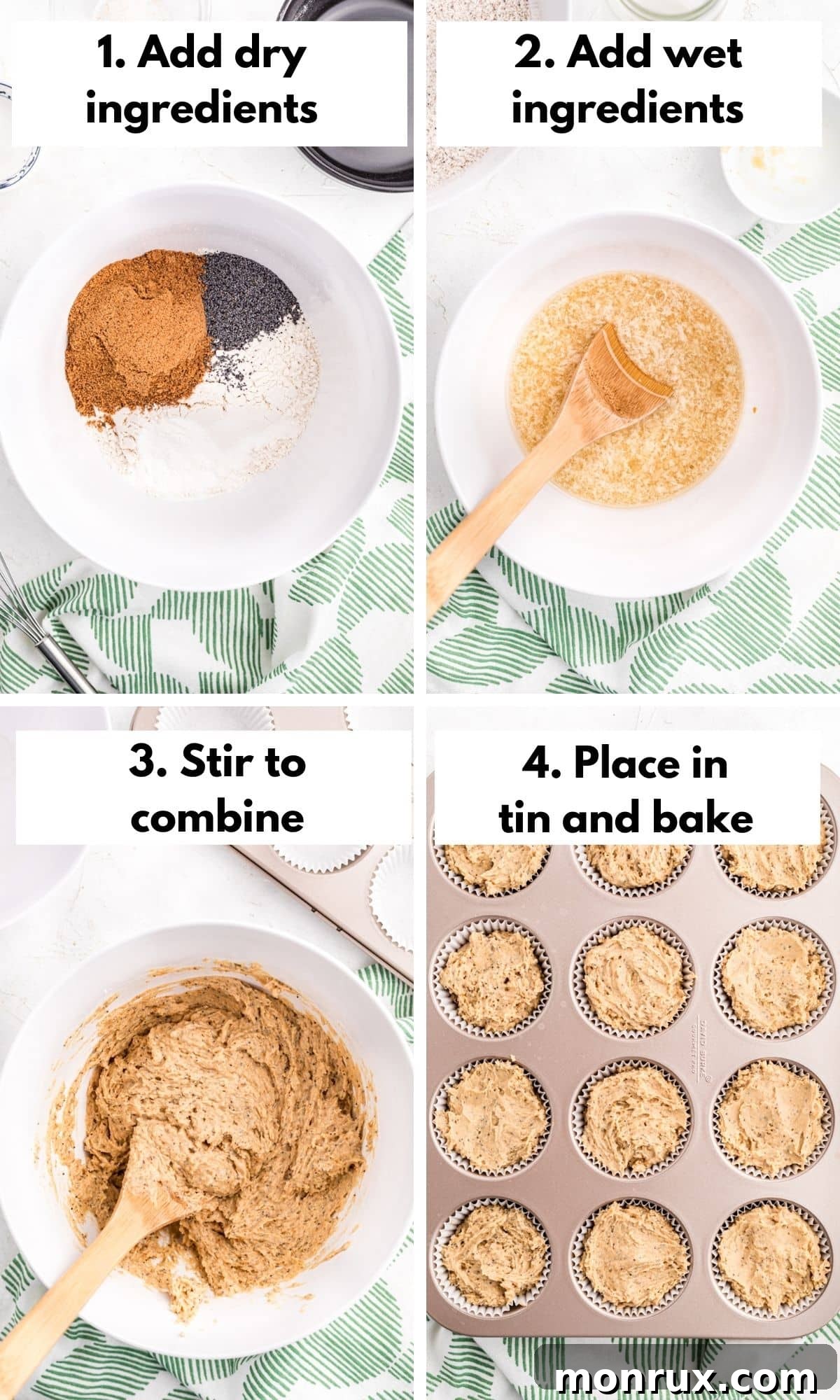 A visual collage showing the step-by-step process of mixing batter for lemon poppy seed muffins, from dry ingredients to combined batter.