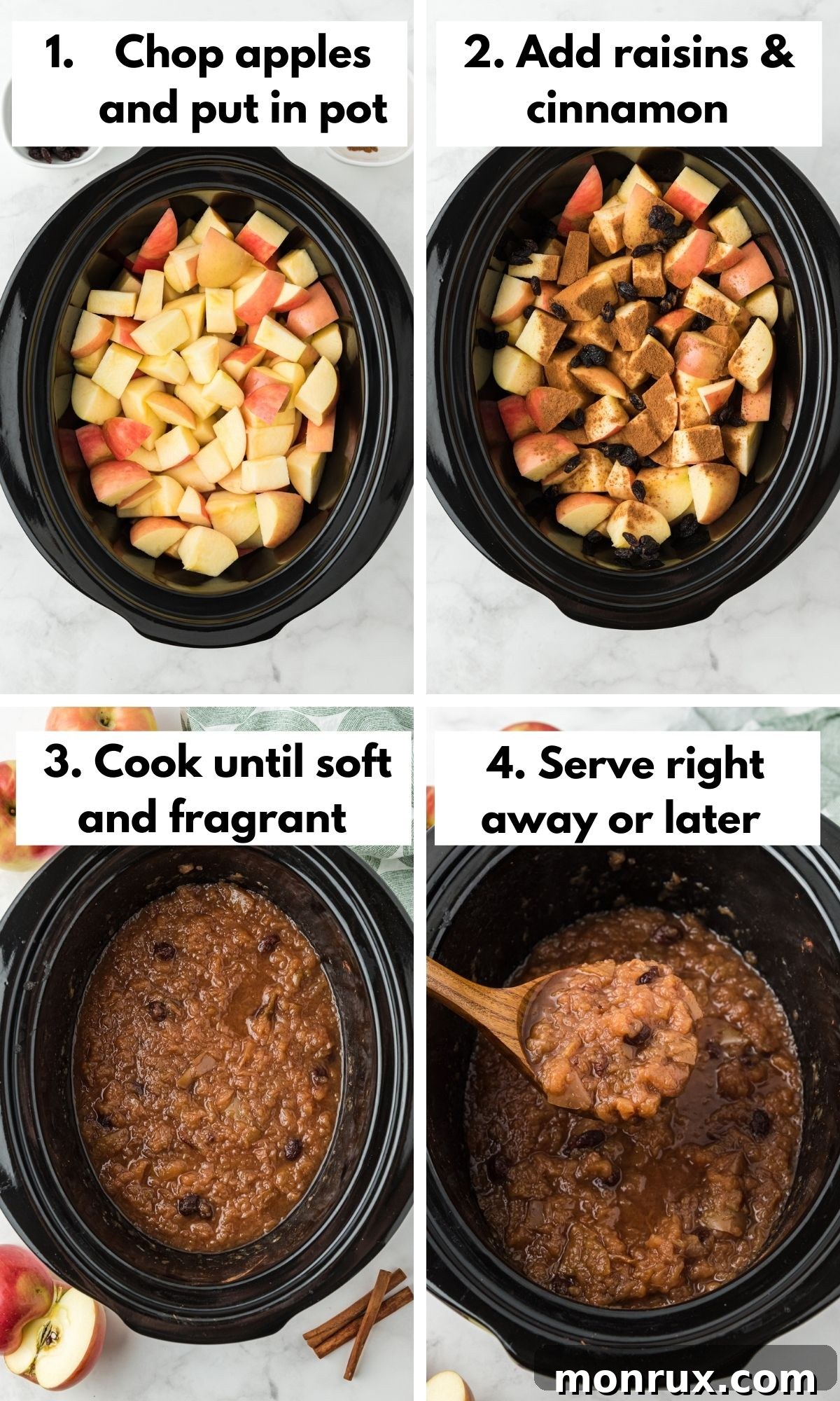 A visual guide showing the process of making crockpot applesauce, from chopped apples to the finished product.