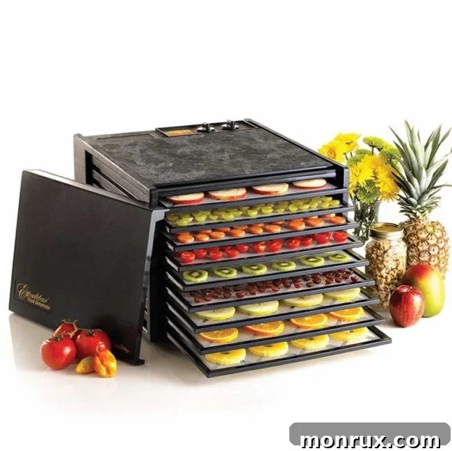 Excalibur dehydrator with trays of various dehydrated foods