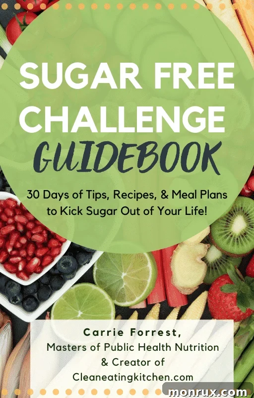 cover of the sugar free challenge guidebook, featuring healthy food elements