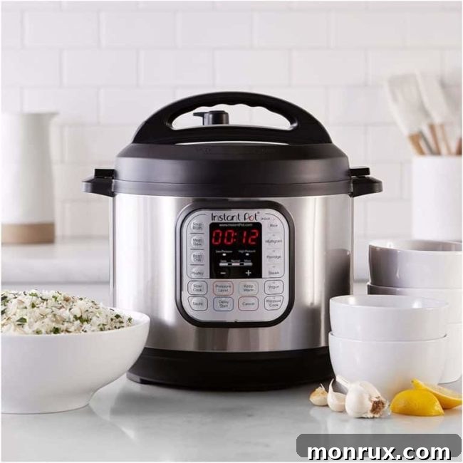 Instant Pot on a kitchen counter with steam coming out