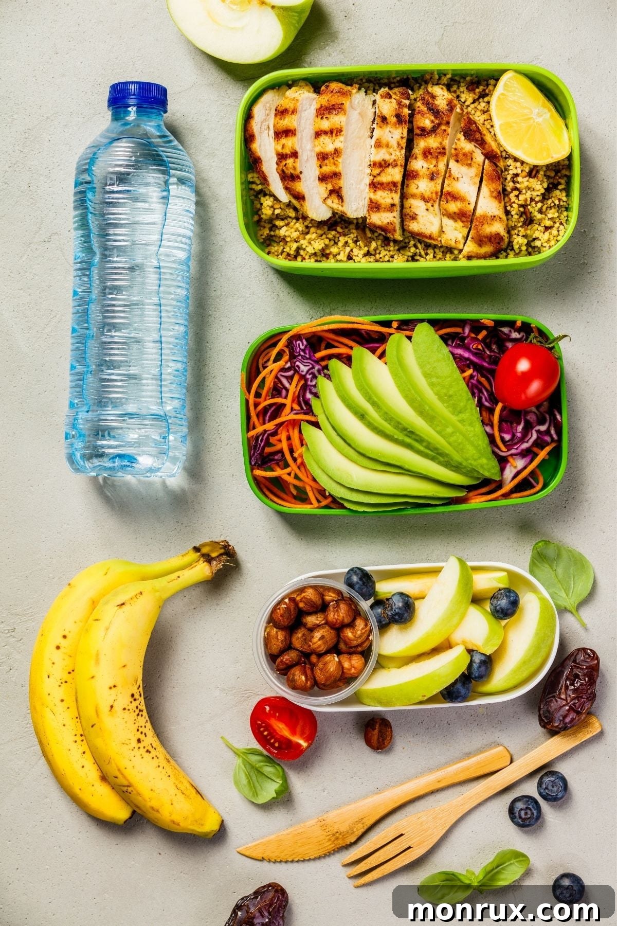 Beautifully arranged meal prepped foods, including fresh fruits, vegetables, and balanced dishes, signifying a healthy and organized eating lifestyle.