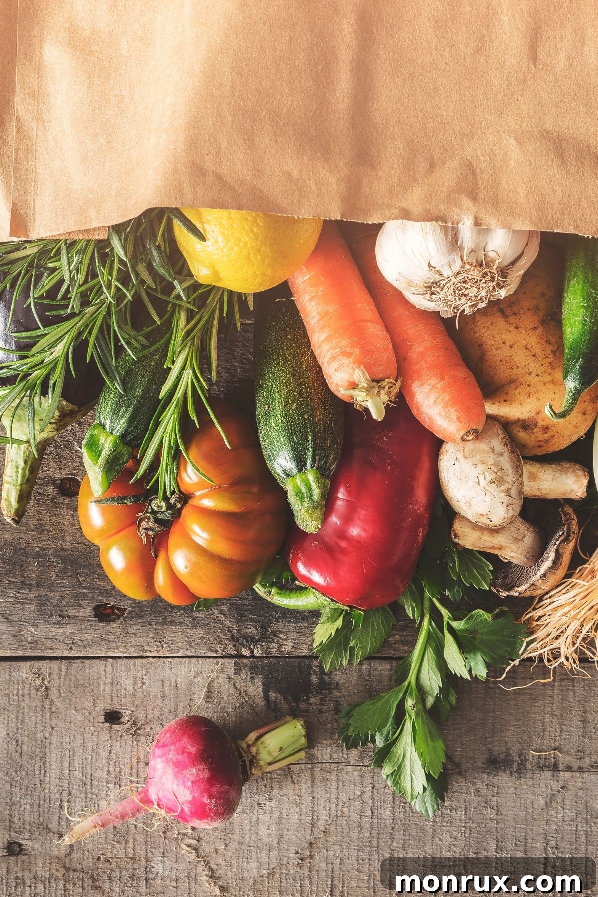 fresh produce pouring out of a paper shopping bag.