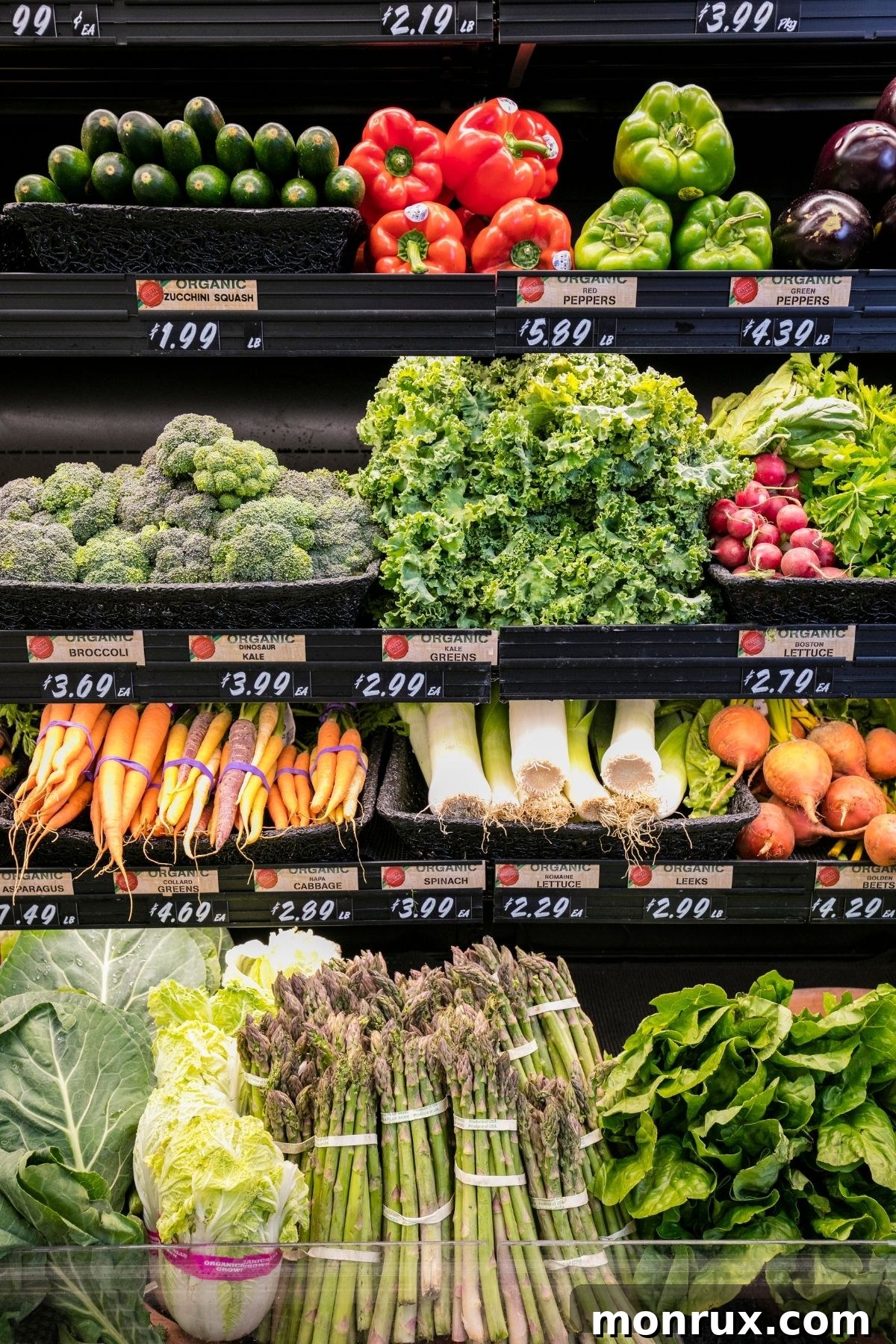 organic produce shelf at a grocery store.