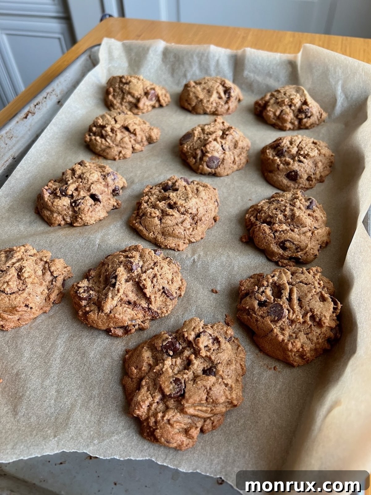 Baked cassava flour chocolate chip cookies fresh from the oven.