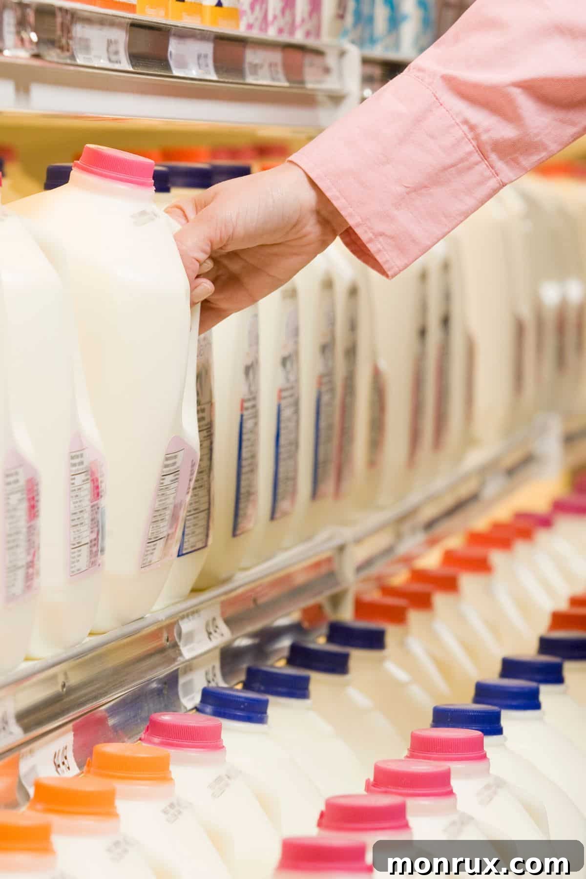 Woman reaching for a carton of plant-based milk on a grocery store shelf, symbolizing a dairy-free choice.