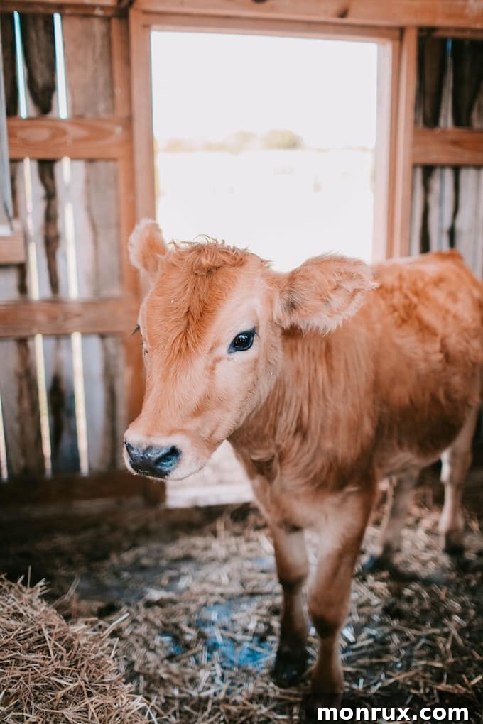A young calf looking inquisitively from inside a barn, representing a natural state free from conventional farming practices.