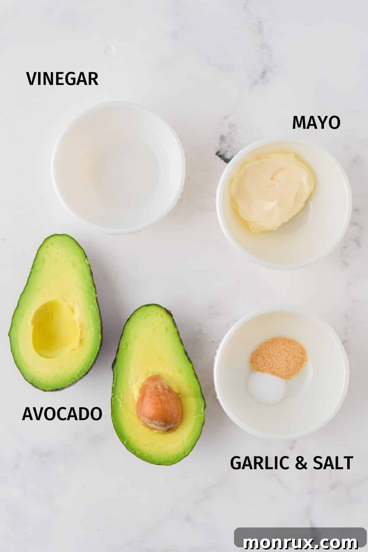 Ingredients for avocado spread, including a whole avocado, mayo, garlic, salt, and vinegar, neatly arranged on a white surface.