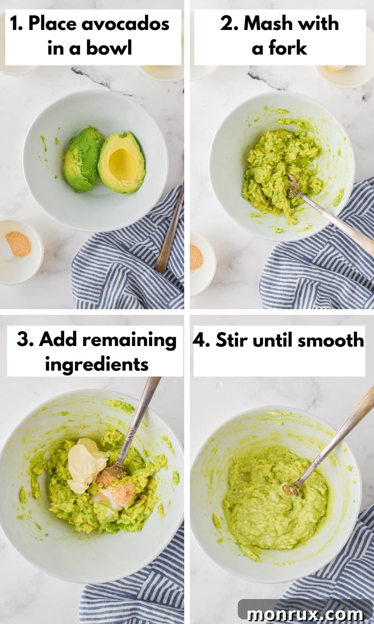 Step-by-step photos illustrating the process of making dairy-free avocado spread in a bowl, showing the mashing and mixing stages.
