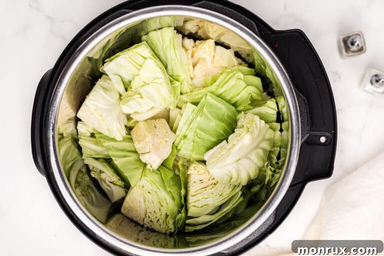 Steamed Instant Pot cabbage in the inner pot, looking perfectly tender and ready for serving.
